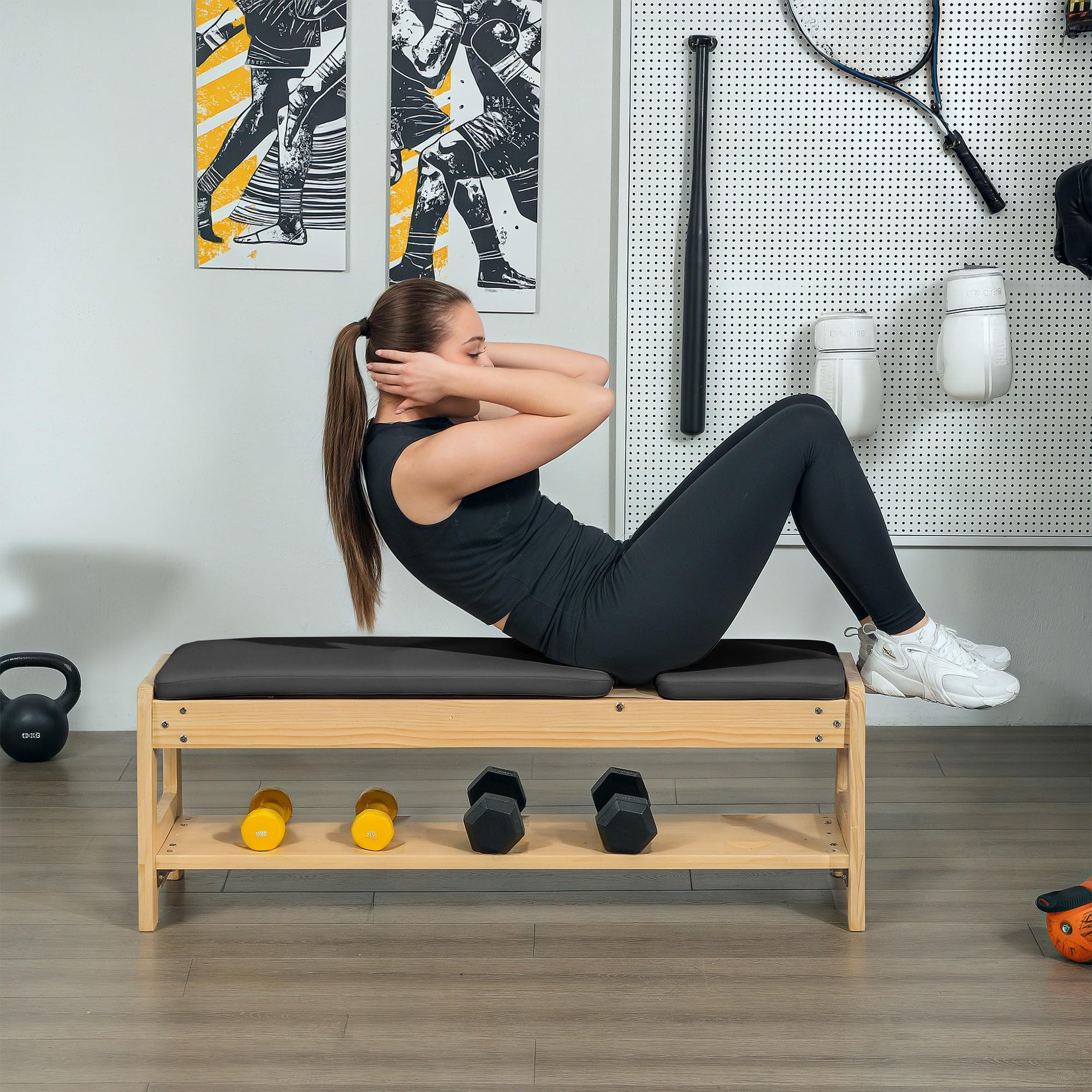 Soozier Adjustable Weight Bench with Dumbbell Rack - Wooden Workout Bench for Home Gym, Flat/Incline Exercise Bench for Strength Training & Weight Lifting - Perfect for Home Fitness, Bodybuilding & CrossFit Workouts