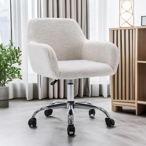 KCC Faux Fur Vanity Makeup Desk Chair - Fluffy Swivel Office Chair with Wheels, Adjustable Height Upholstered Armchair for Women Girls, Elegant Home Office & Bedroom Decor (Pink, White)