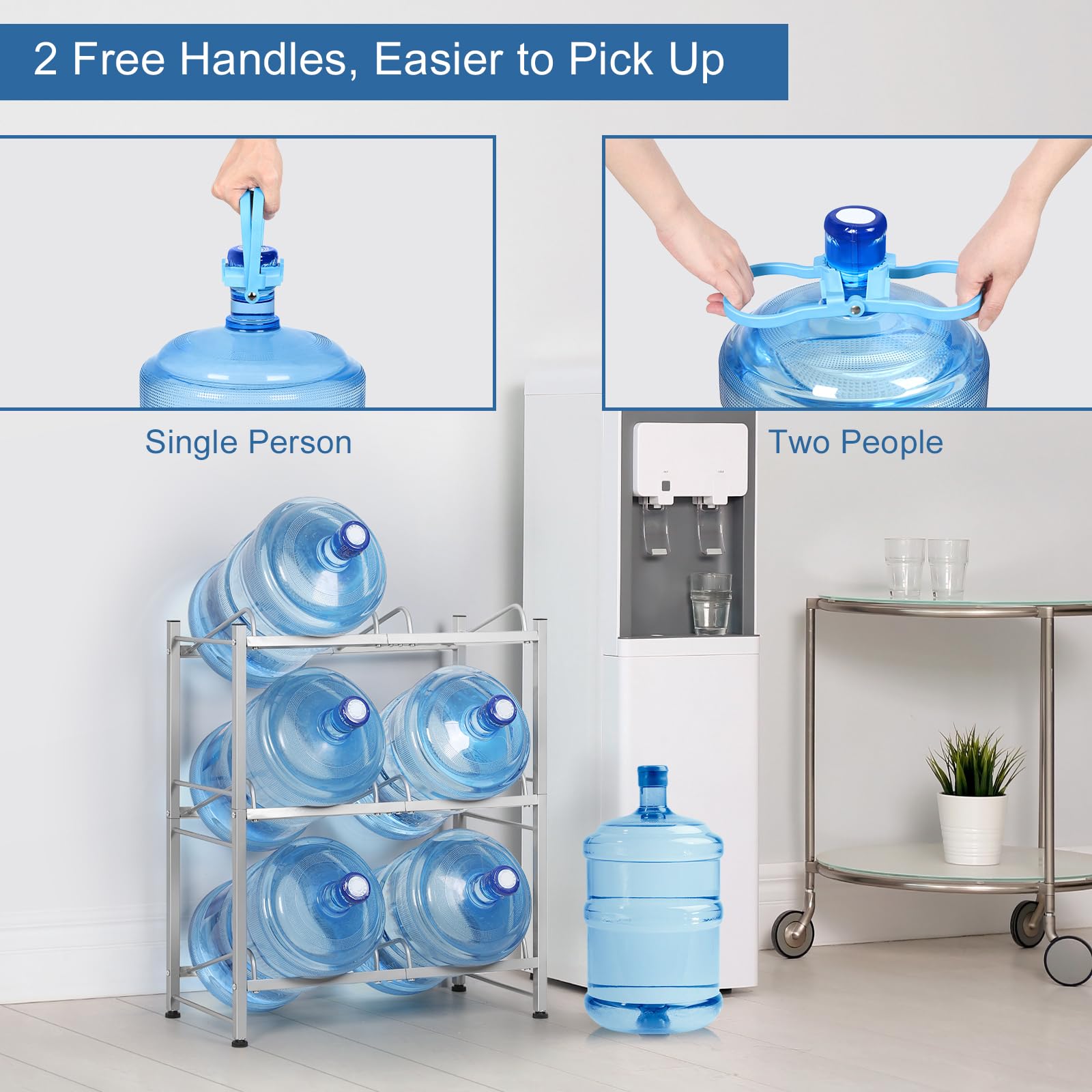 5 Gallon Water Jug Rack - Heavy Duty 3-Tier Storage Stand for Small Spaces & Room Corners - Holds 6 Bottles (Silver) - Perfect for Home & Office Hydration Stations