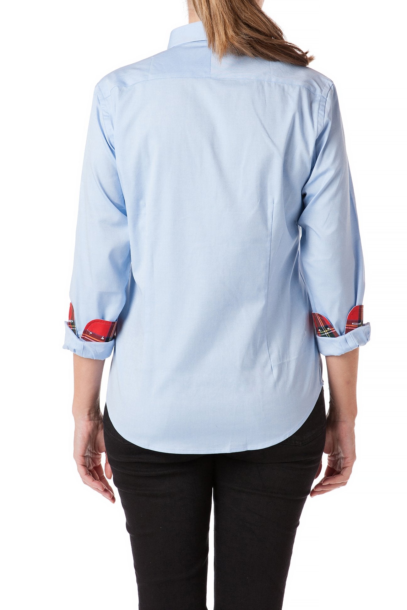 Women's Blue Oxford Button Down Shirt with Royal Stewart Plaid Trim - Perfect for Office Wear, Casual Outfits & Business Casual Attire