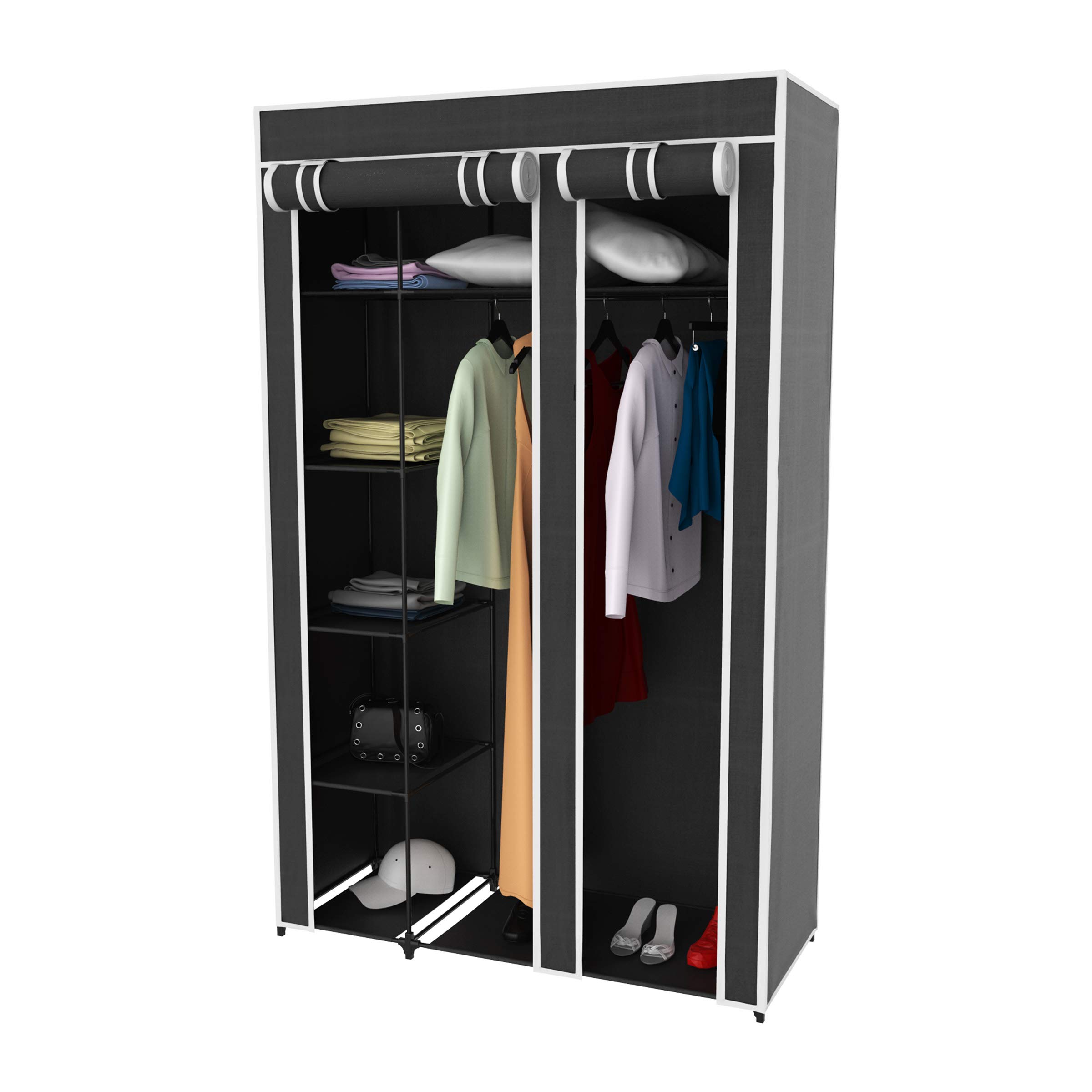 Lavish Home Portable Closet - Freestanding Covered Garment Rack Wardrobe with 5 Shelves & Dust Cover, Metal Frame Clothes Hanger Organizer for Bedroom, Closet, Dorm (Black) - Perfect for Small Spaces & Seasonal Storage