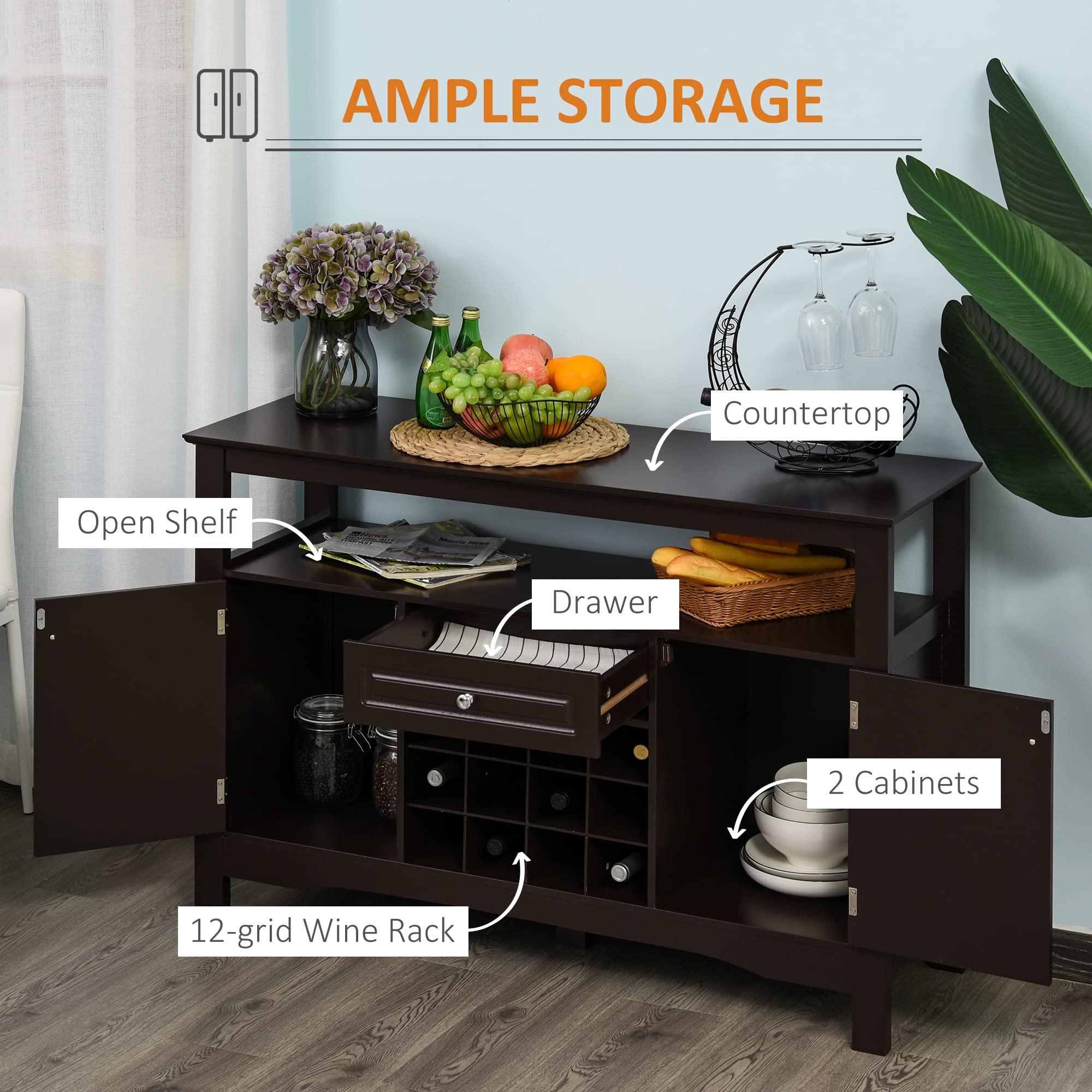 HOMCOM Modern Coffee Bar Cabinet with Wine Rack - 12-Bottle Storage Sideboard Buffet with Drawer for Living Room, Kitchen, Dining Room | Espresso Finish Home Bar Furniture for Entertaining & Storage