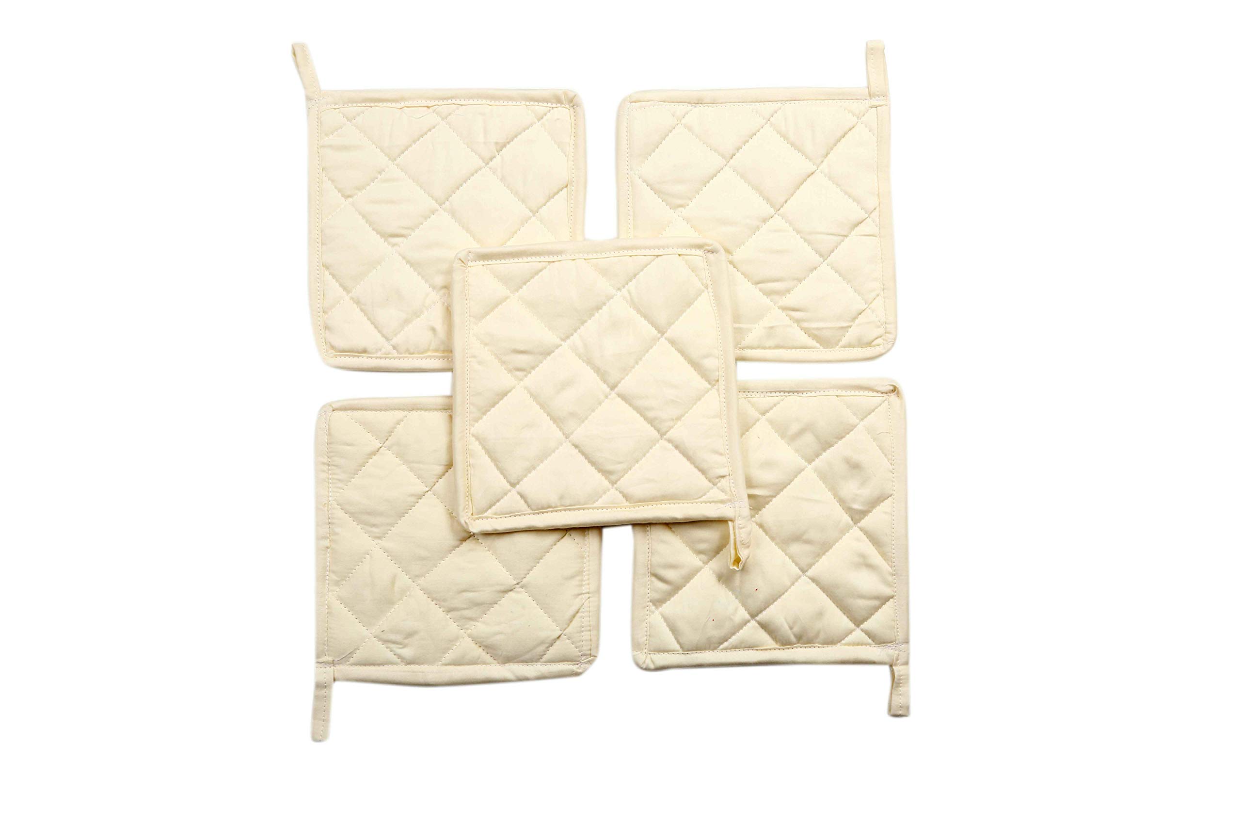 Heat Resistant 100% Cotton Pot Holders - Set of 5 Ivory Kitchen Potholders (7