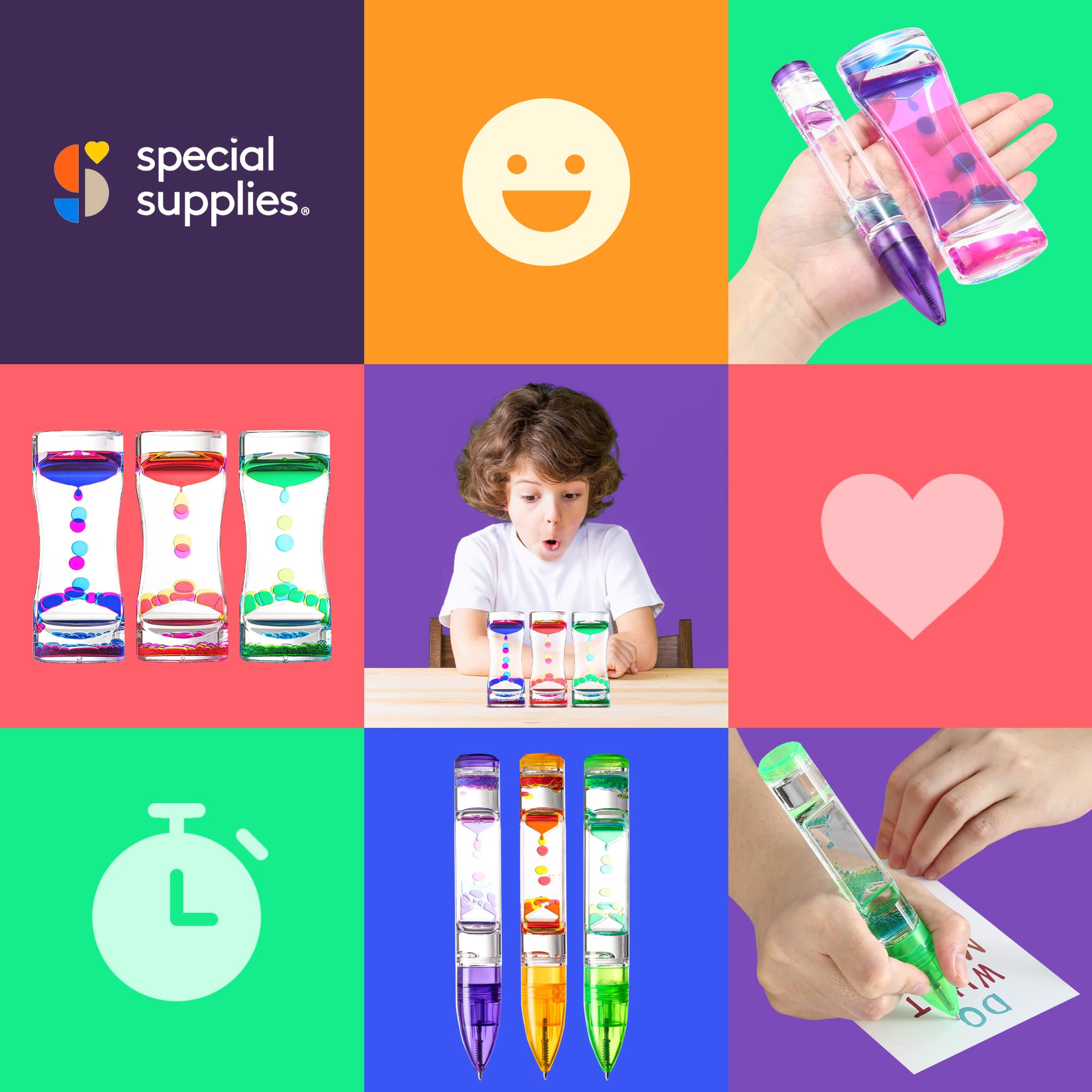 6-Pack Colorful Liquid Motion Bubbler Toys with Droplet Movement - Sensory Hourglass Timers for Stress Relief, Meditation & Focus | Perfect for Classroom, Office, Bedroom & Therapy Use (Includes 3 Pens & 3 Timers)