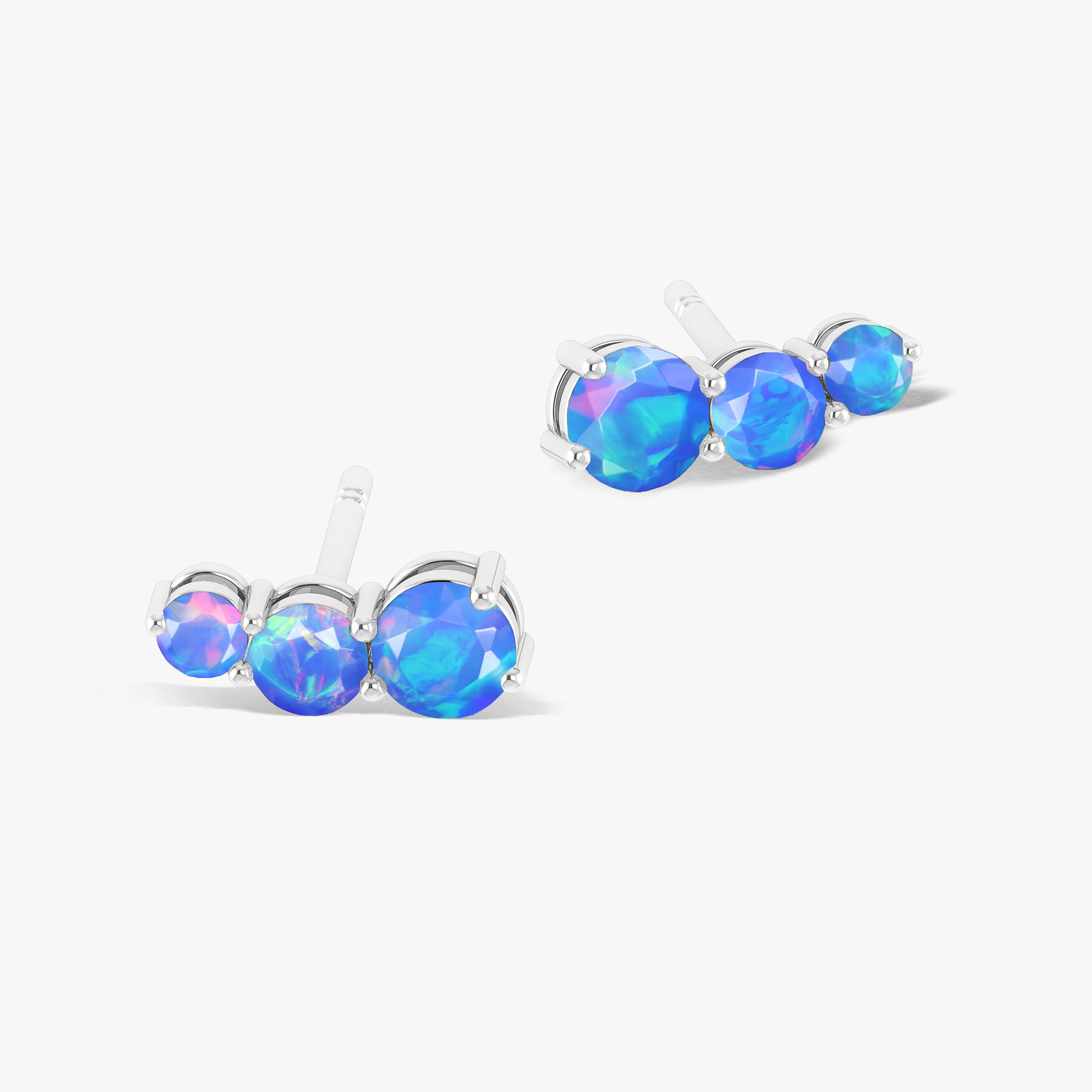 Fire Blue Opal Three Stone Stud Earrings for Women – Dainty Sterling Silver Jewelry Gift for Birthday, Anniversary & Special Occasions