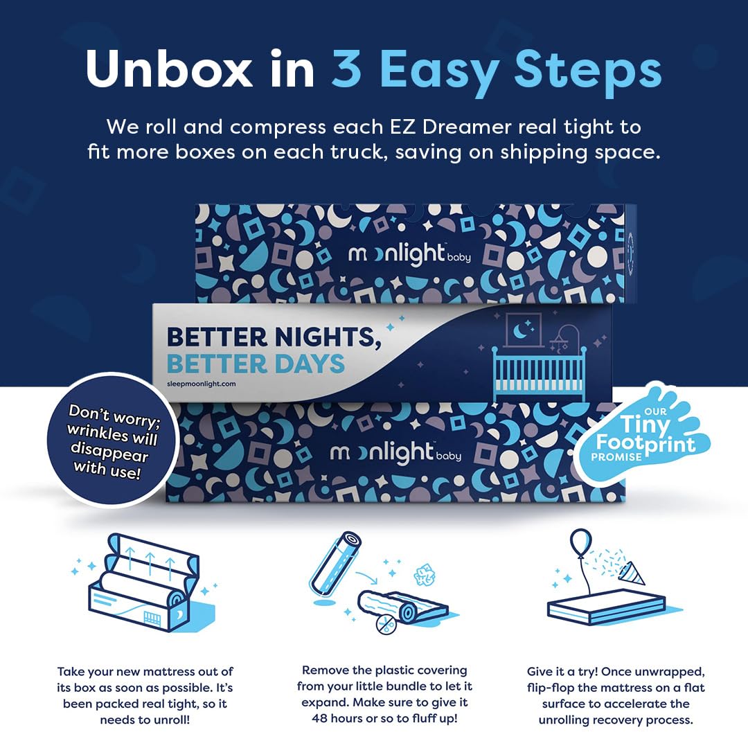 Moonlight Slumber EZ Dreamer Dual-Sided Crib Mattress - 2-Stage Baby & Toddler Mattress with Firm EZ Rise Foam & Waterproof Cover (52