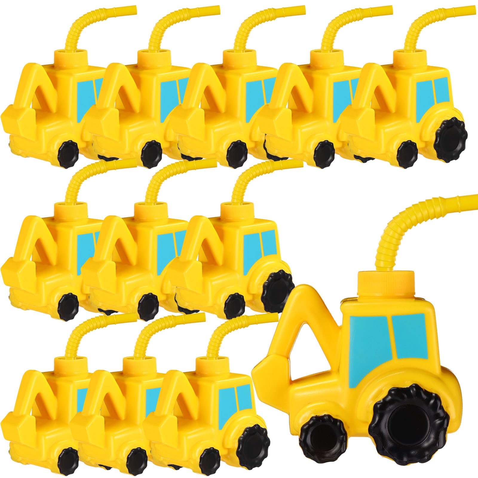 Tanlade 12-Pack Excavator Shaped Reusable Plastic Cups with Straws - Construction Themed Party Supplies for Kids Birthday, Digger Themed Events & Construction Playtime Fun