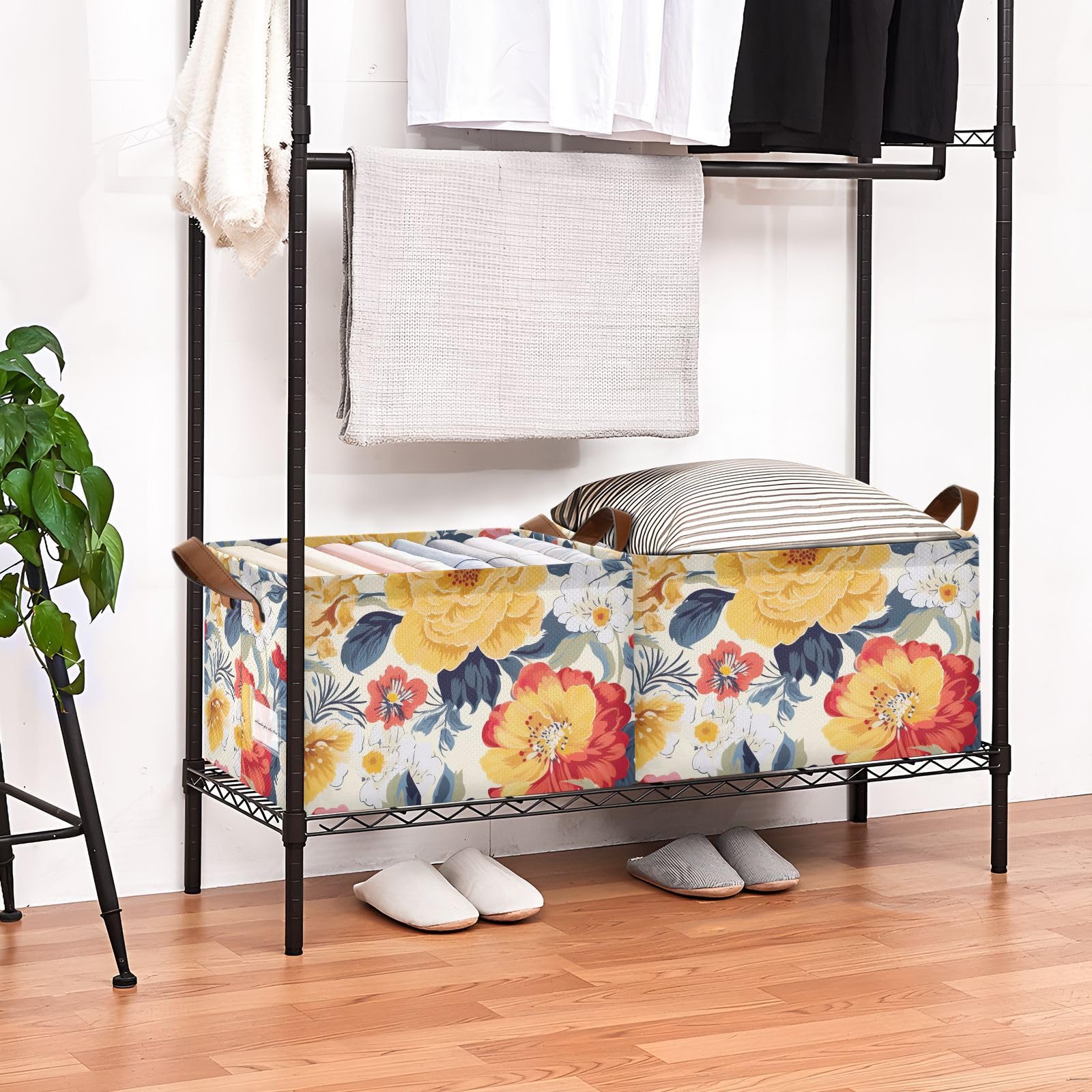 Emelivor Classic Red Floral Foldable Storage Bins with Handles - Rectangular Organizing Baskets for Shelves, Nursery, Closet & Home Decor | Perfect for Bedroom, Bathroom & Office Organization