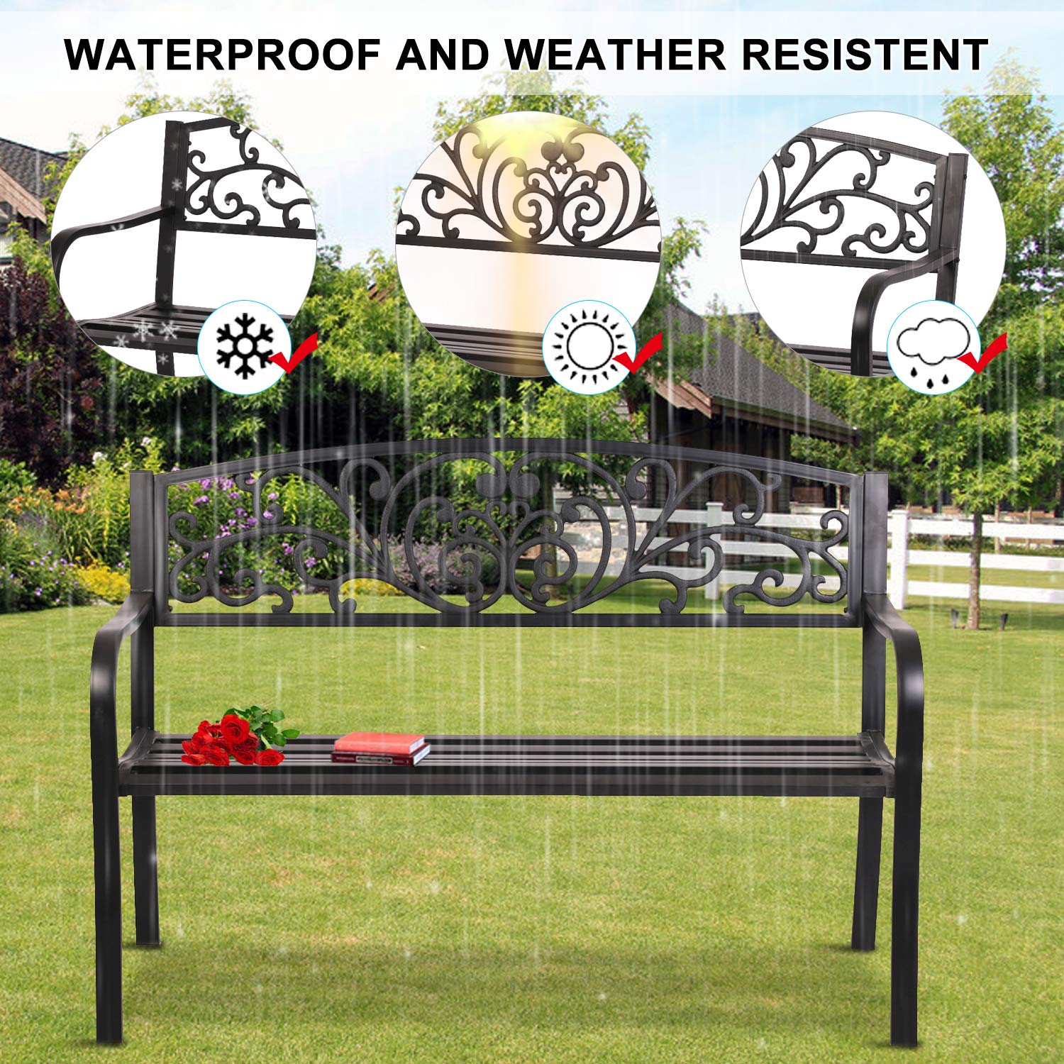 Elegant Metal Garden Bench with Floral Pattern - 50