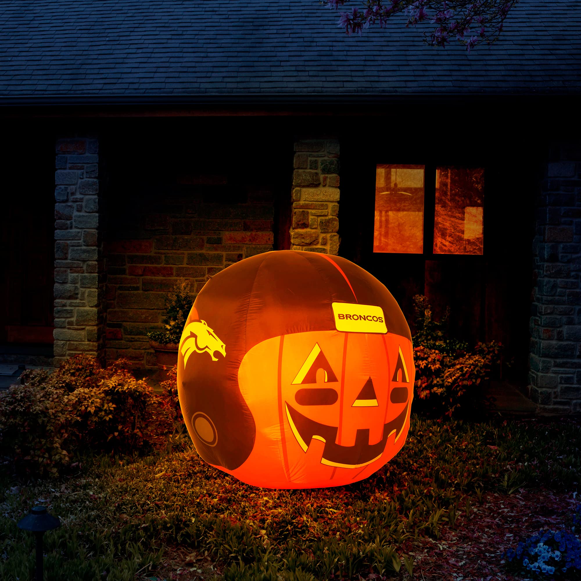 NFL Denver Broncos 4ft LED Light-Up Inflatable Jack-O’-Helmet with Built-in Blower - Halloween Yard Decoration for Lawn, Front Yard, Backyard & Football Party Decor
