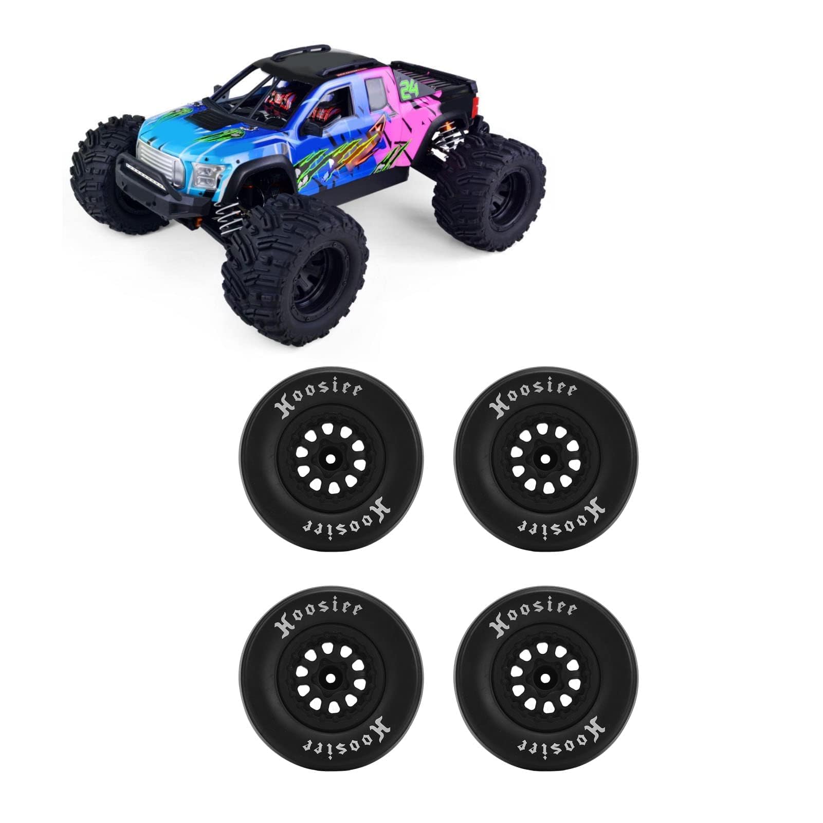 4Pcs 102mm Rubber Tires with 12mm Hex Hub Wheels - Compatible with 1/10 Scale RC Cars, Trucks & Off-Road Vehicles - Durable All-Terrain RC Tires for Crawling, Bashing & Racing - Perfect for Traxxas, Redcat & Other Popular RC Models
