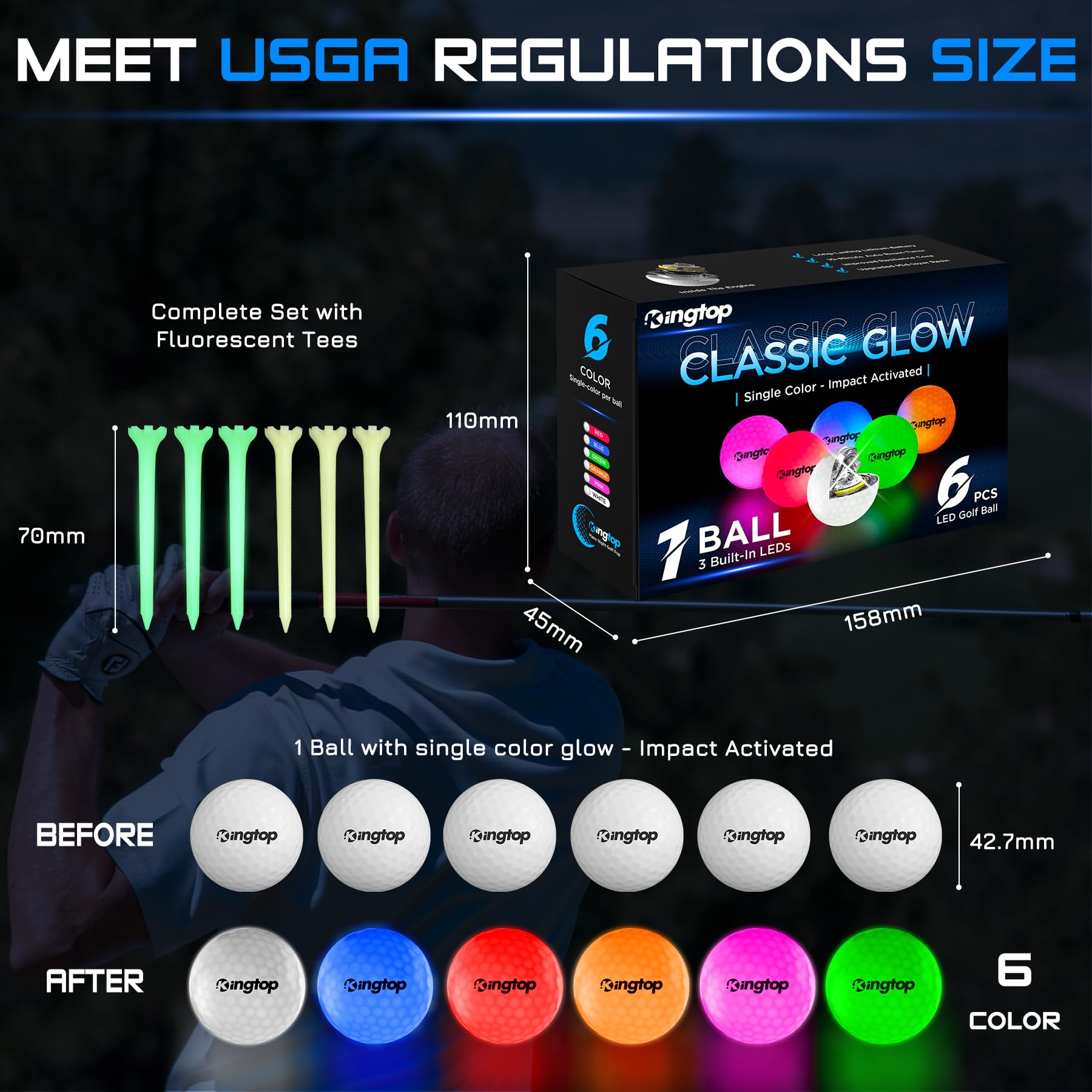 KINGTOP Upgraded Glow in The Dark Golf Balls - Super Bright LED Light Up Golf Balls with Glowing Tees & Storage Bag - Night Golf Accessories for Men & Women - Perfect for Backyard Putting, Driving Range & Outdoor Nighttime Golf Games