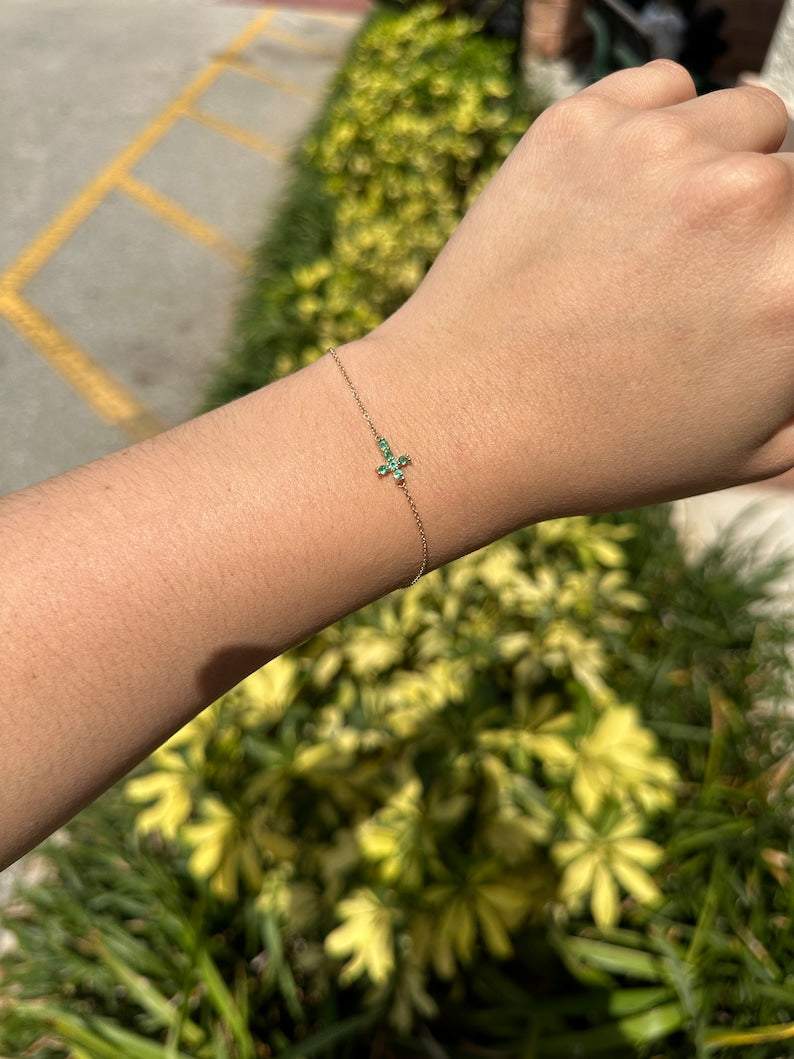 0.20tcw 14K Gold Round Cut Vivid Medium Green Natural Emerald Cross Bracelet for Women - Elegant Religious Jewelry Gift for Baptism, Confirmation & Everyday Wear