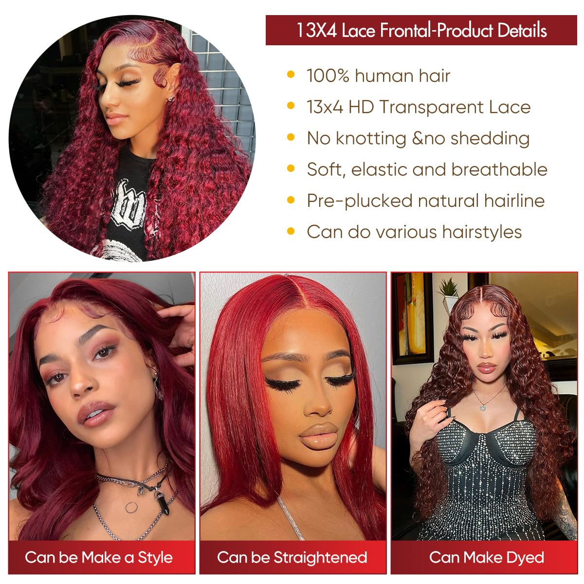Burgundy 13x4 Lace Front Wig Human Hair 180% Density Water Wave Glueless Pre Plucked Bleached Knots 28 Inch - Natural Red Colored Curly Wig for Women | Perfect for Cosplay, Parties, Weddings & Daily Wear
