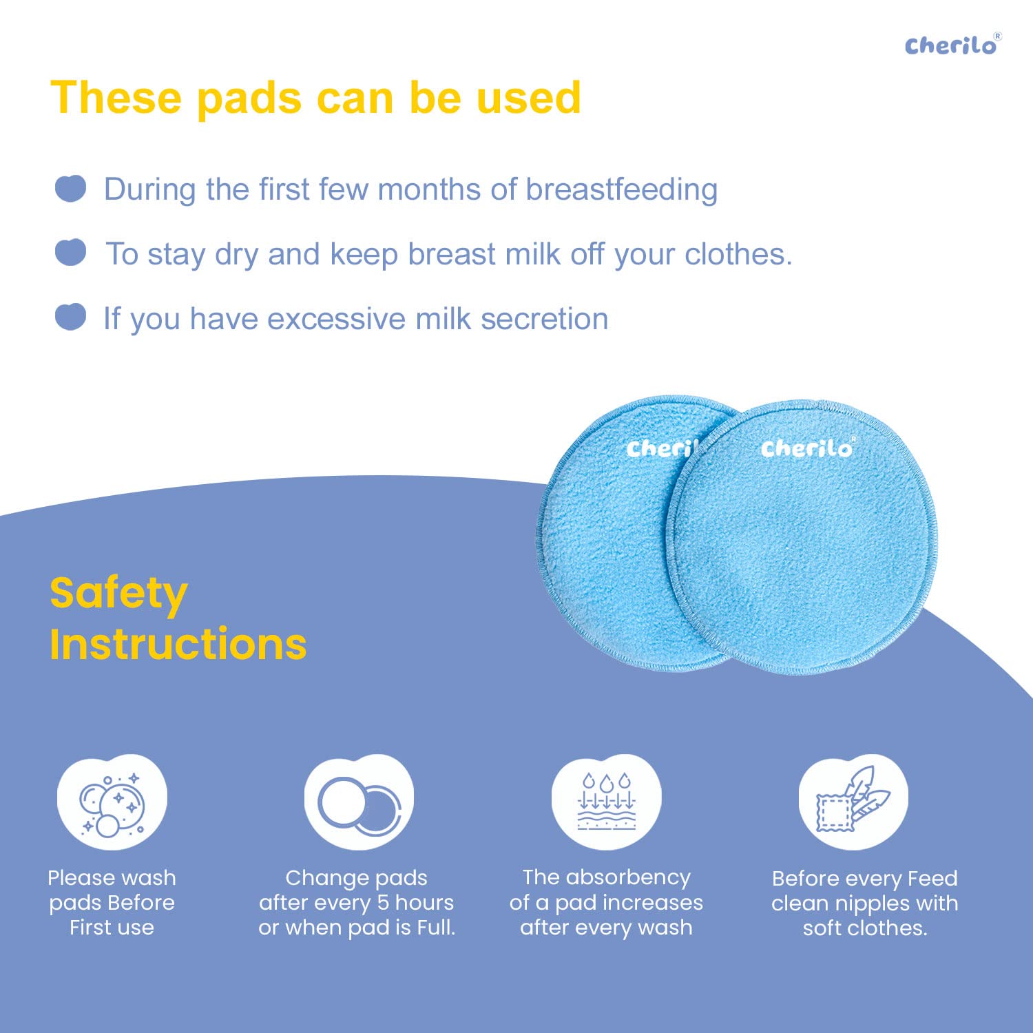 Cherilo Reusable Nursing Pads for Breastfeeding - Ultra Absorbent Washable Breast Pads for Women, 3-Layer Overnight Protection, Skin-Friendly & Leak-Proof (Sky Blue, 6 Pack) - Perfect for Daily Use, Nighttime Comfort & Active Moms