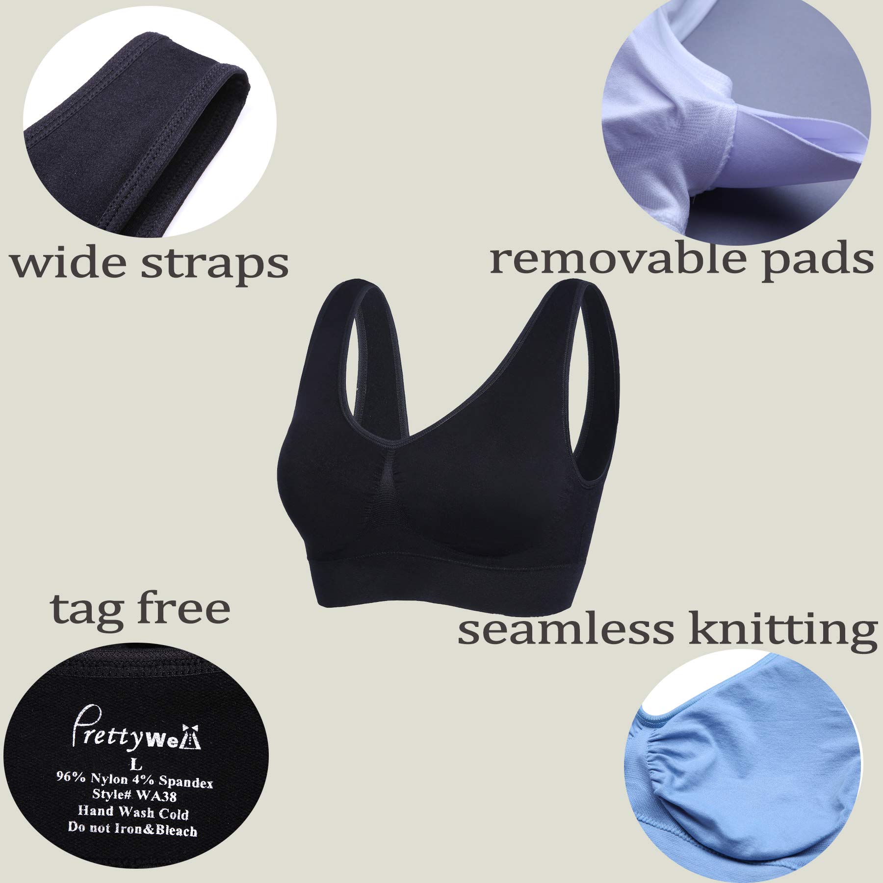 PRETTYWELL Women's Comfortable Seamless Wireless Sports Bras - 3 Pack Stretchy Yoga Bras with Removable Pads for Sleeping, Lounge & Workout