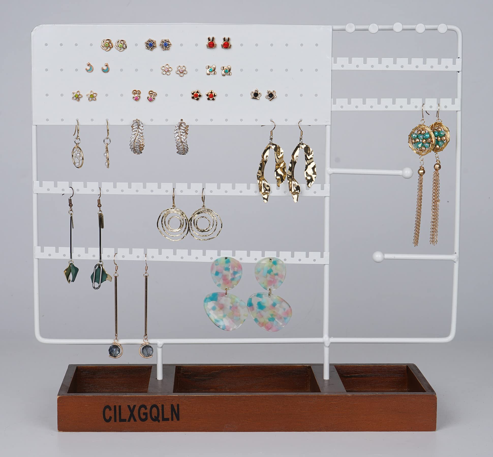 130-Hole Ear Stud Holder Stand with Wooden Tray - White Jewelry Organizer Tower for Earrings, Rings & Small Accessories - Perfect for Bedroom Vanity, Dresser Top & Travel Jewelry Storage