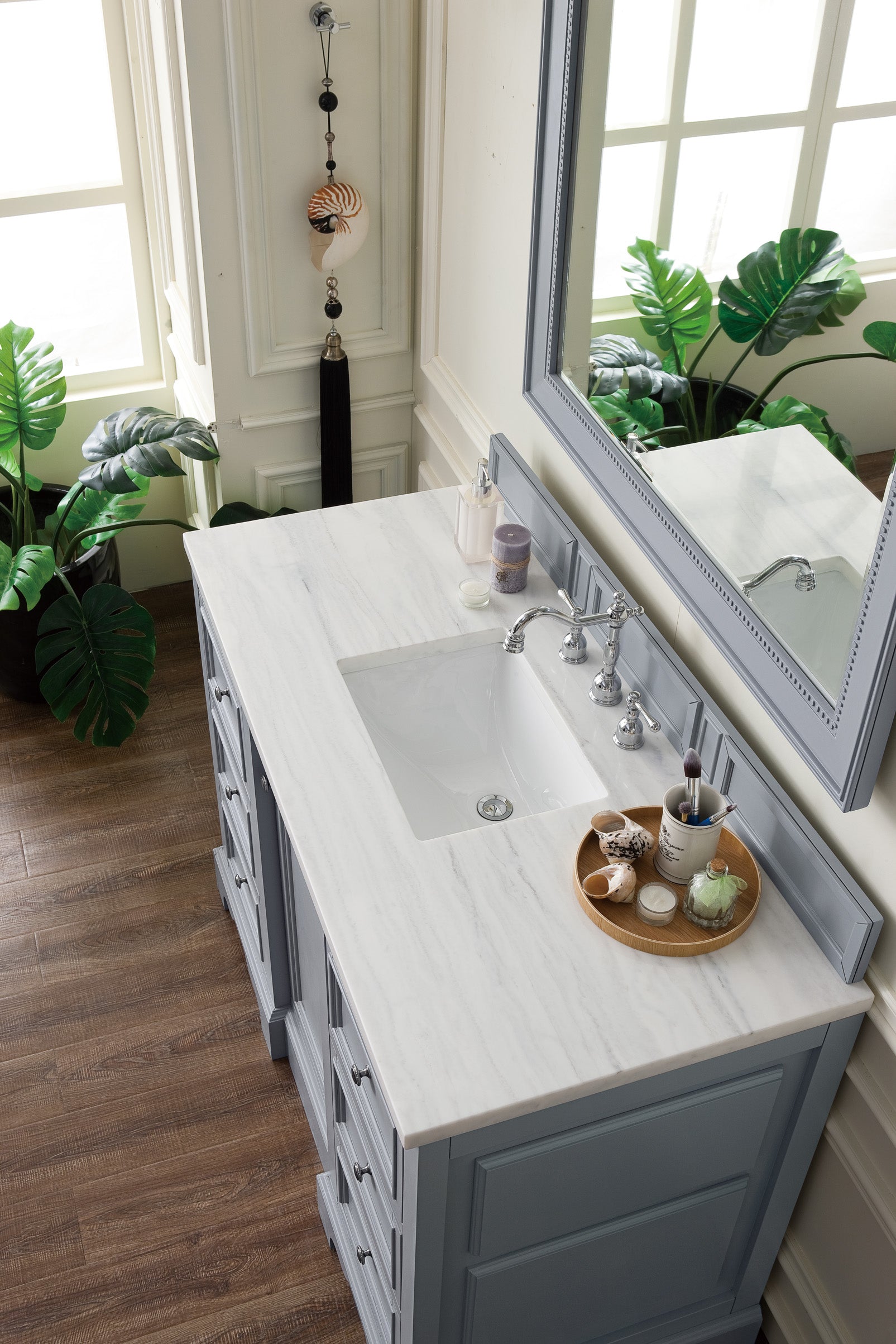 De Soto 48 Inch Single Bathroom Vanity with 3CM Arctic Fall Solid Surface Top in Silver Gray - Perfect for Modern Home Bathroom Renovation & Space-Saving Design