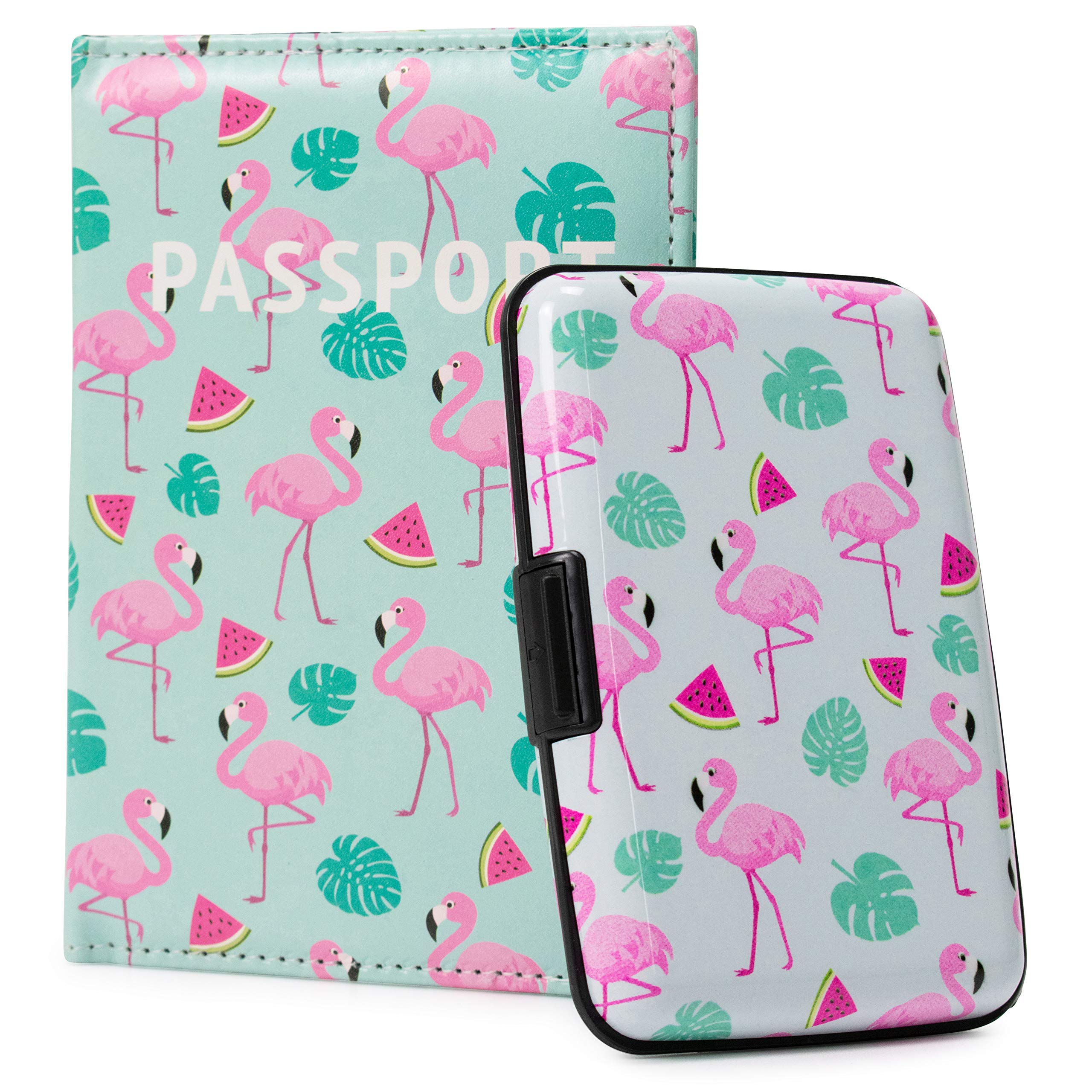 Pink Flamingo & Watermelon Plastic Wallet and Passport Holder Set - Travel Accessories for Women, Girls, Vacation & Beach Trips