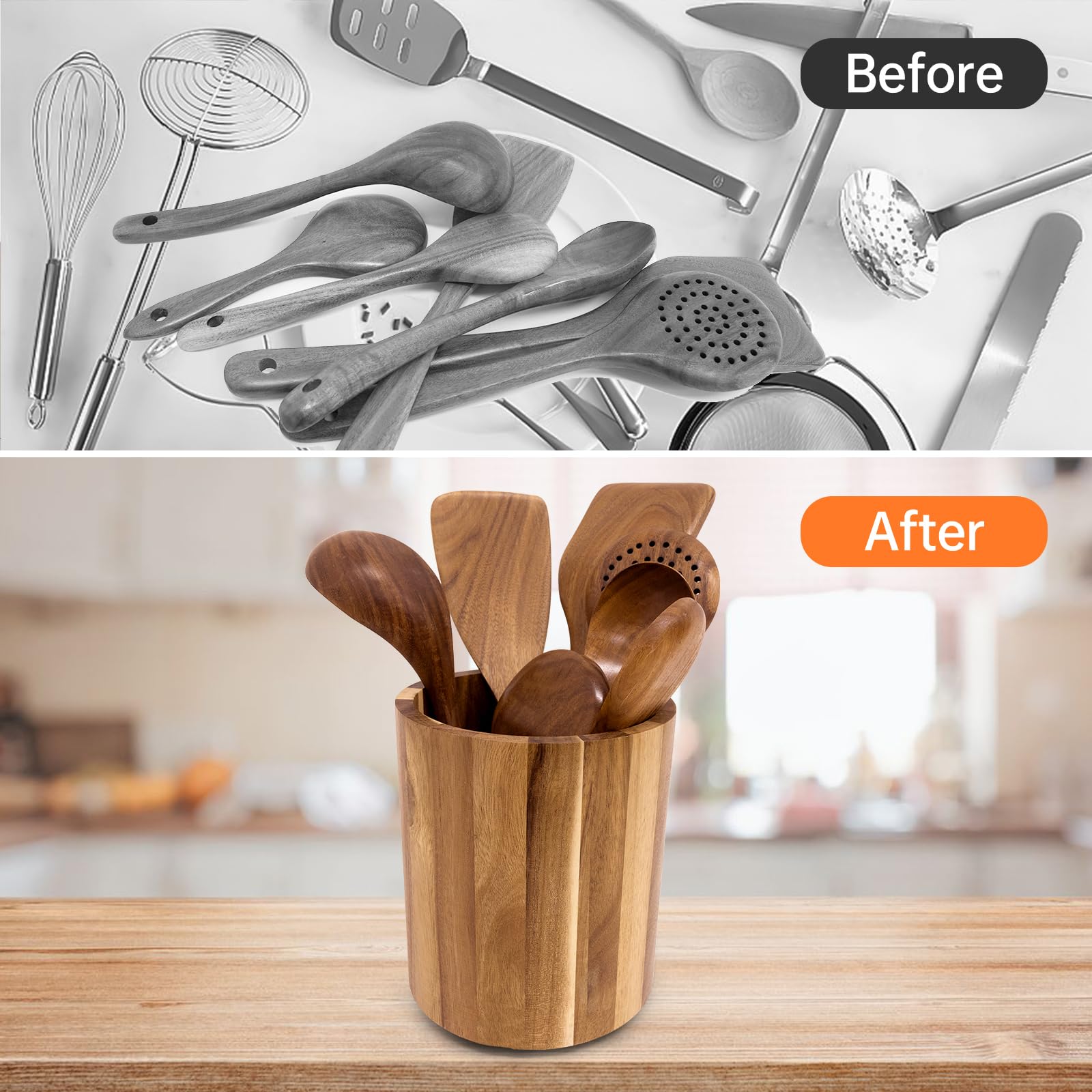 360° Rotating Acacia Wood Utensil Holder - 7.2