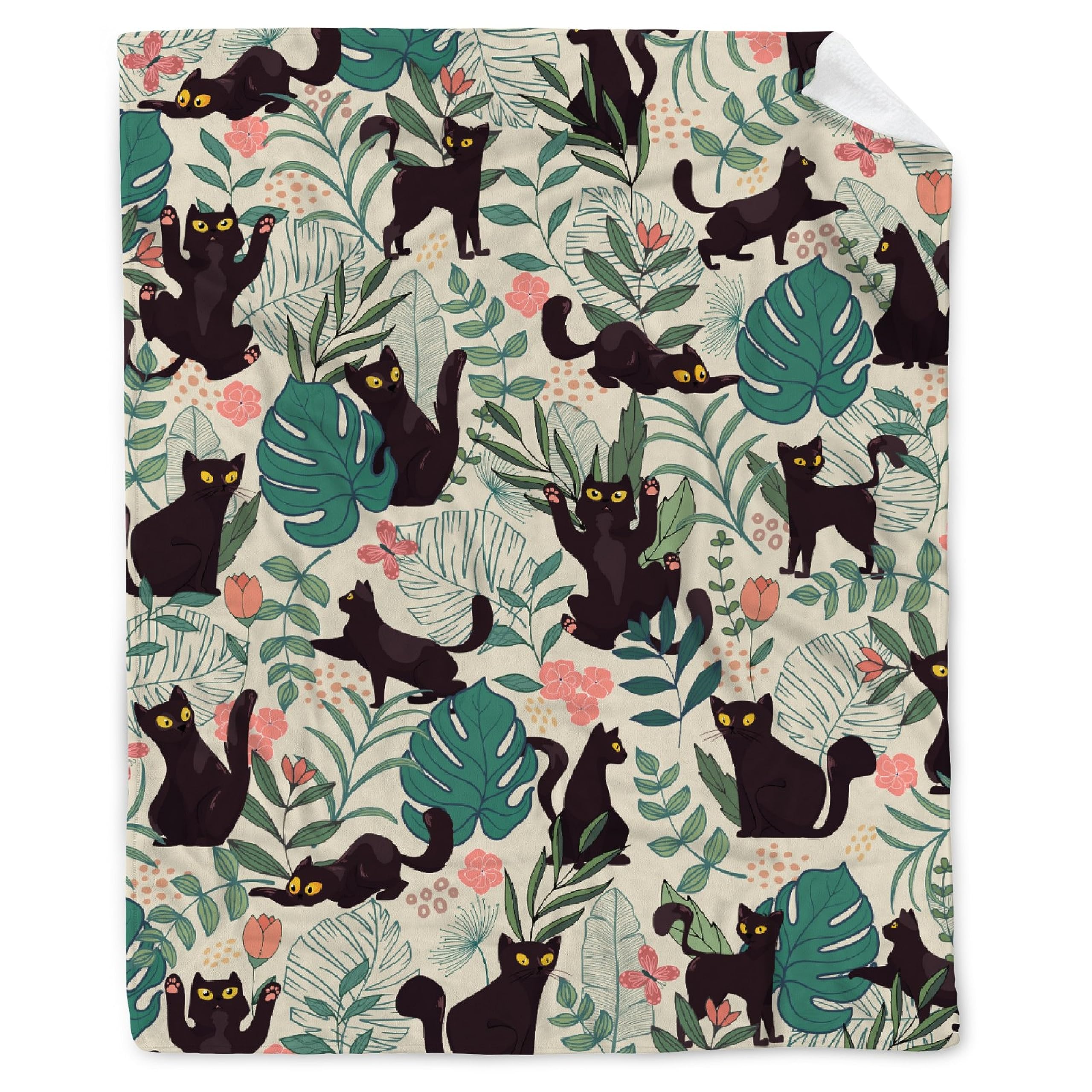 Floral Cat Fleece Blanket - Lightweight Soft Throw Blanket for Bed, Couch, Travel & Outdoor - Cozy Gift for Women, Baby & Pets (30