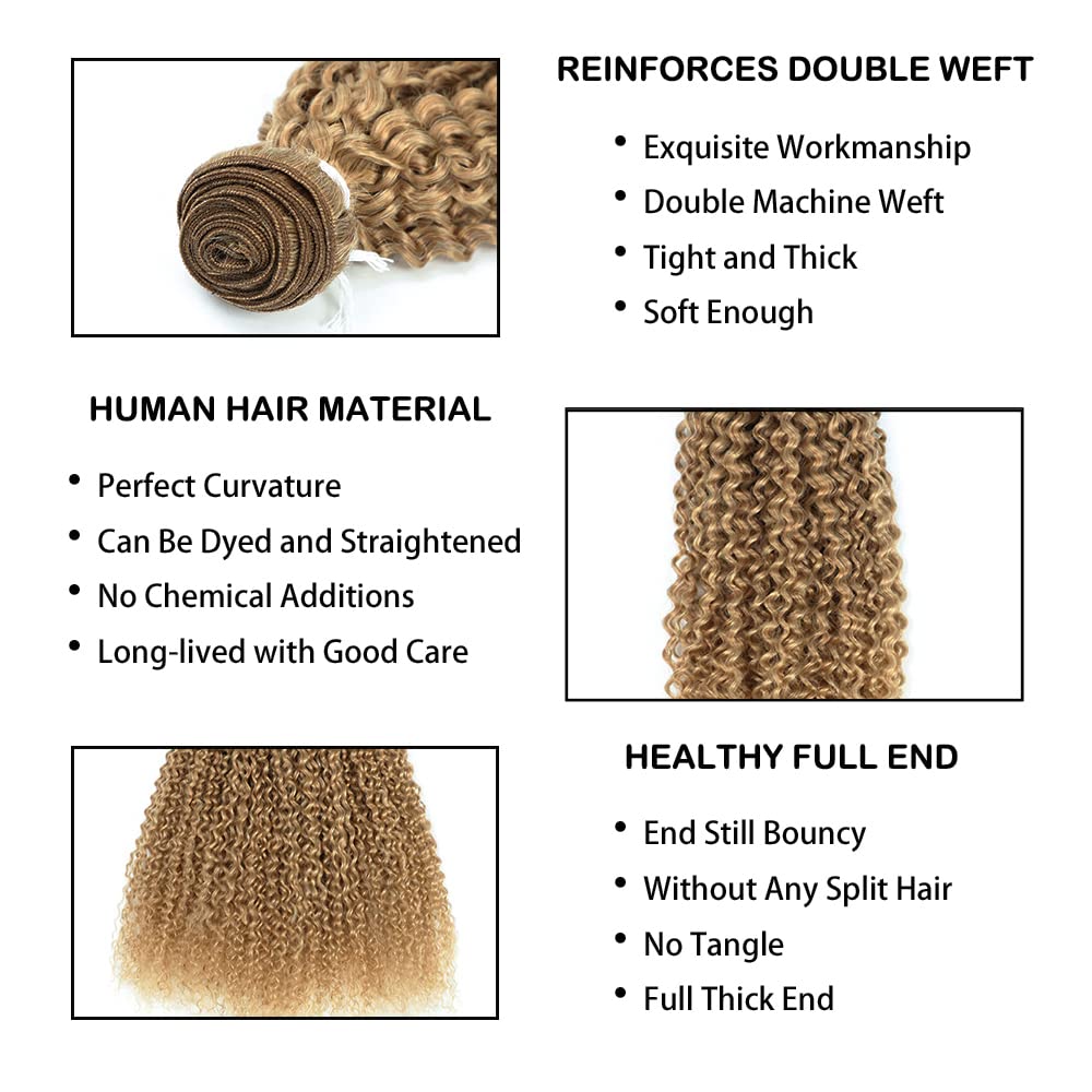 100% Virgin Brazilian Human Hair Bundles - Remy Honey Blonde Curly Wave Kinky Hair Extensions (Color #27, 3 Bundles 10/12/14 Inches) | Unprocessed Natural Hair for Weaving, Wigs & Protective Styles | Perfect for Daily Wear, Special Occasions & Salon Styling