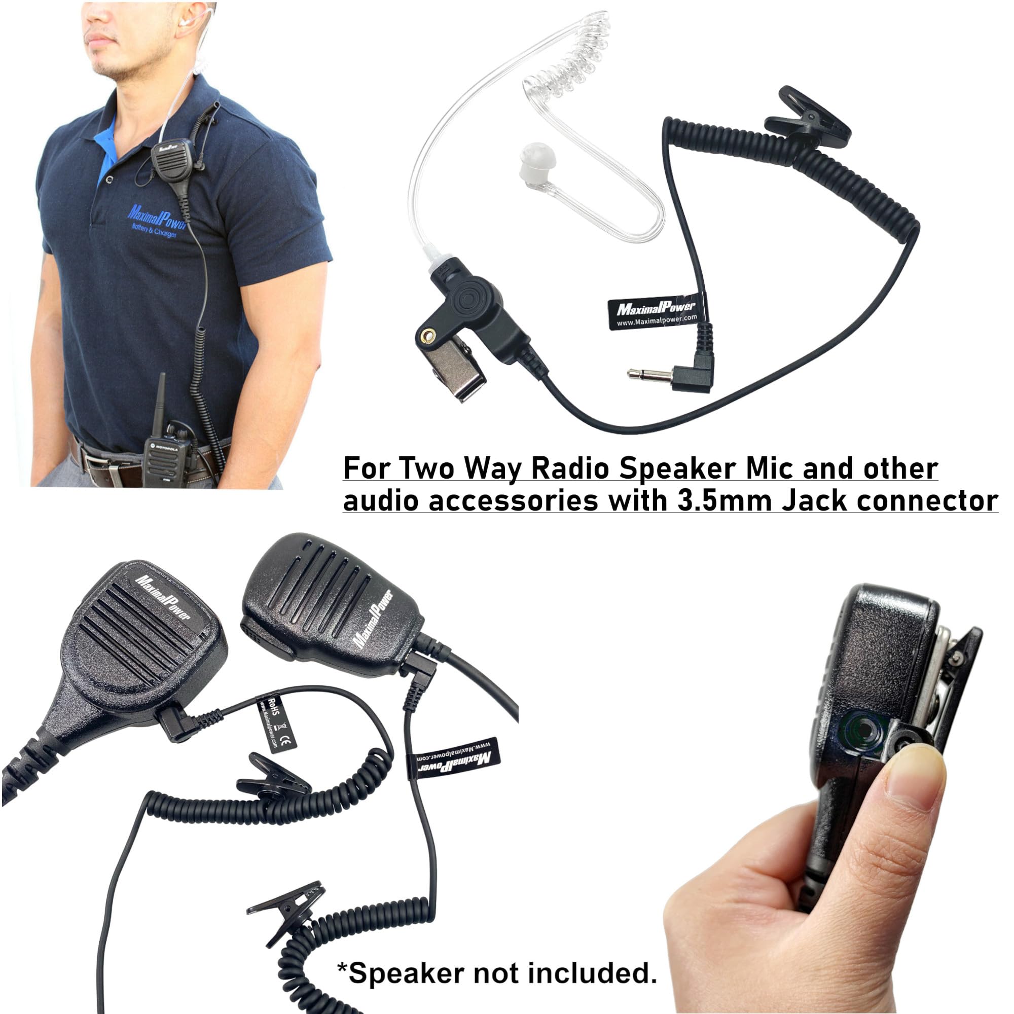 MaximalPower RHF 617-1N Surveillance Headset - Clear Acoustic 3.5mm Earpiece with Coil Tube for Two-Way Radios, Transceivers & Speaker Mics | Secure Communication for Security Guards, Event Staff & Discreet Monitoring (Black)