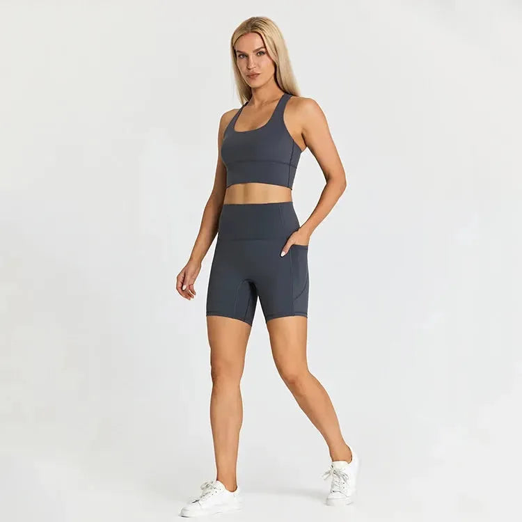 ABS LOLI Pockets Yoga Shorts Set for Women - 2 Piece High Waist Workout Outfit with Side Pockets | Gym Wear, Running Shorts & Sports Clothes | Perfect for Yoga, Fitness Training & Casual Athleisure Wear