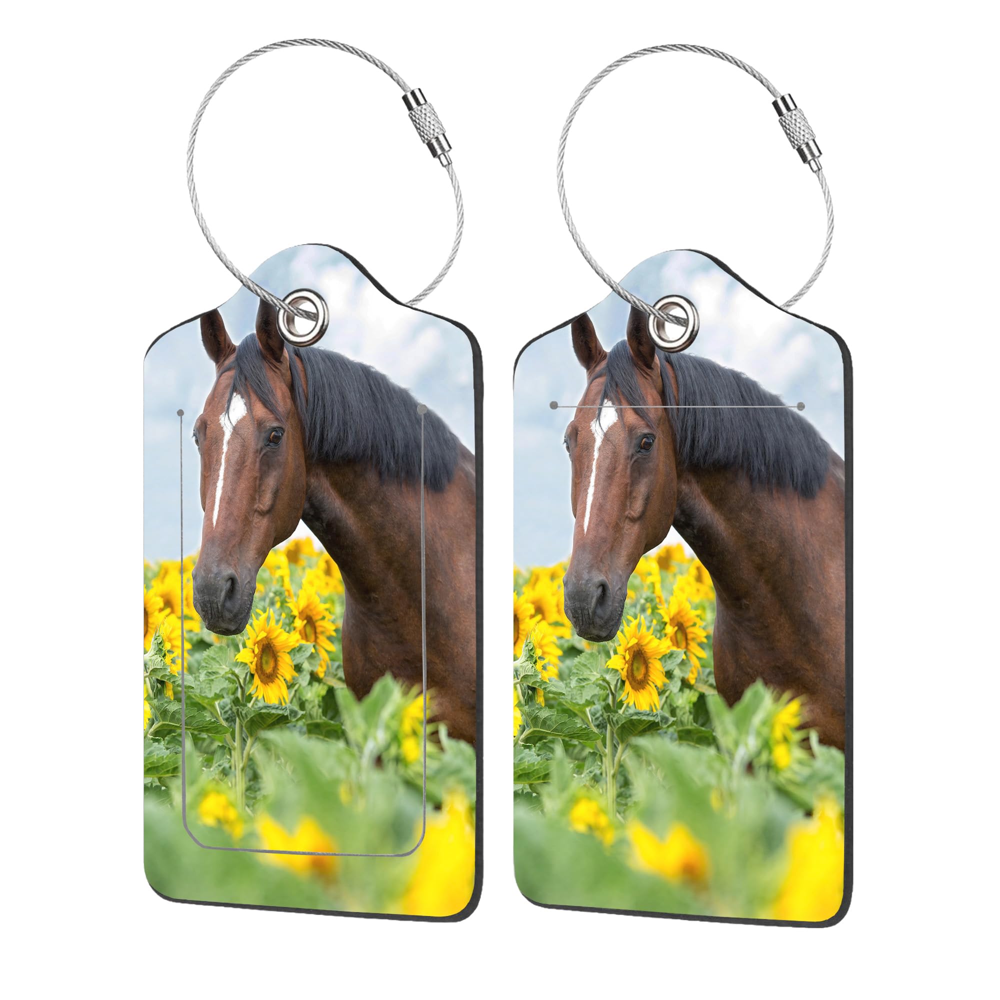 2 Pack Sunflower Field Horse Luggage Tags with Privacy Flap & Metal Loop - Durable ID Name Labels for Suitcases, Bags, Backpacks & Instruments - Perfect for Travel, Vacation & Airport Security (Women, Men, Girls)