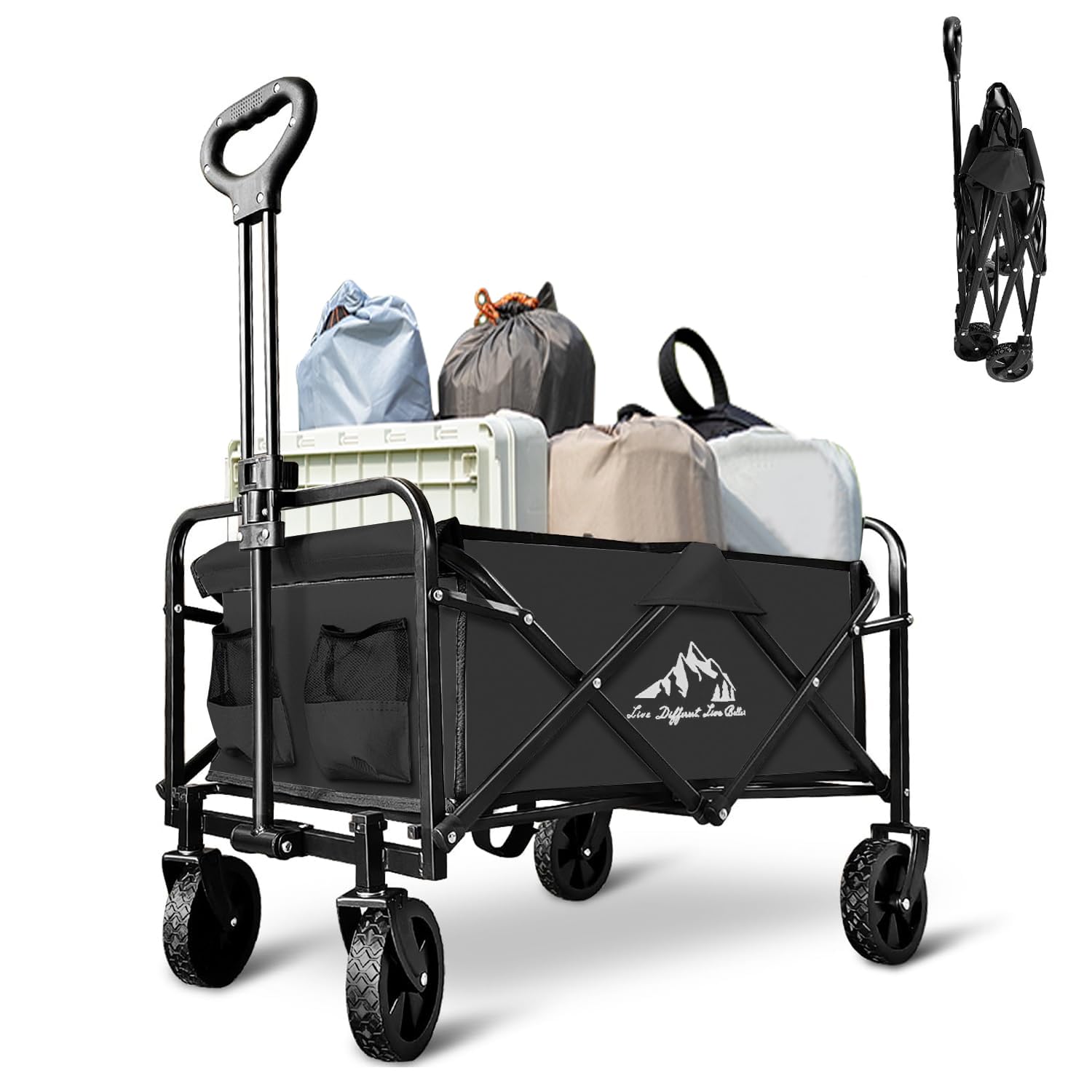 Heavy Duty Collapsible Wagon Cart - Foldable Portable Utility Cart with Large Capacity for Beach, Camping, Grocery Shopping, Fishing & Outdoor Activities | Perfect for Picnics, Sports Events & Garden Use (Black)