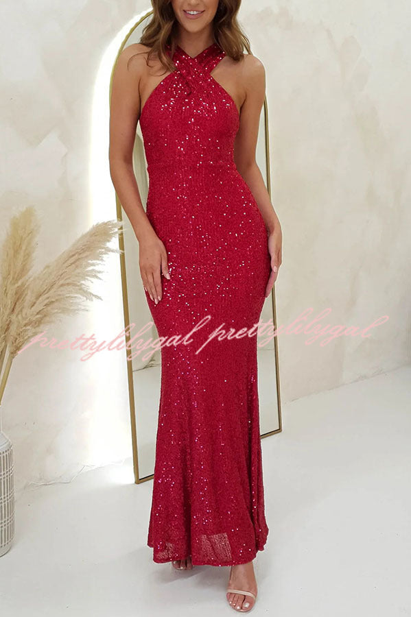 Sparkle Sequin Cross Halter Neck Backless Maxi Dress for Women - Elegant Evening Gown for Parties, Prom, Cocktail & Special Occasions