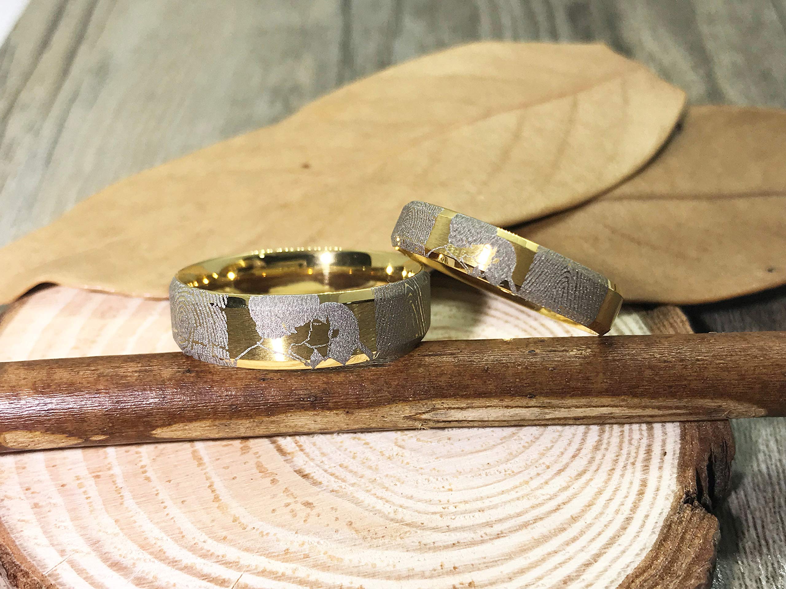 Fingerprint Comic Couple Rings Set - His & Her Matching Promise Rings, Wedding Bands for Couples, Engraved Love & Kiss Rings - Perfect for Anniversaries, Proposals, and Romantic Gifts