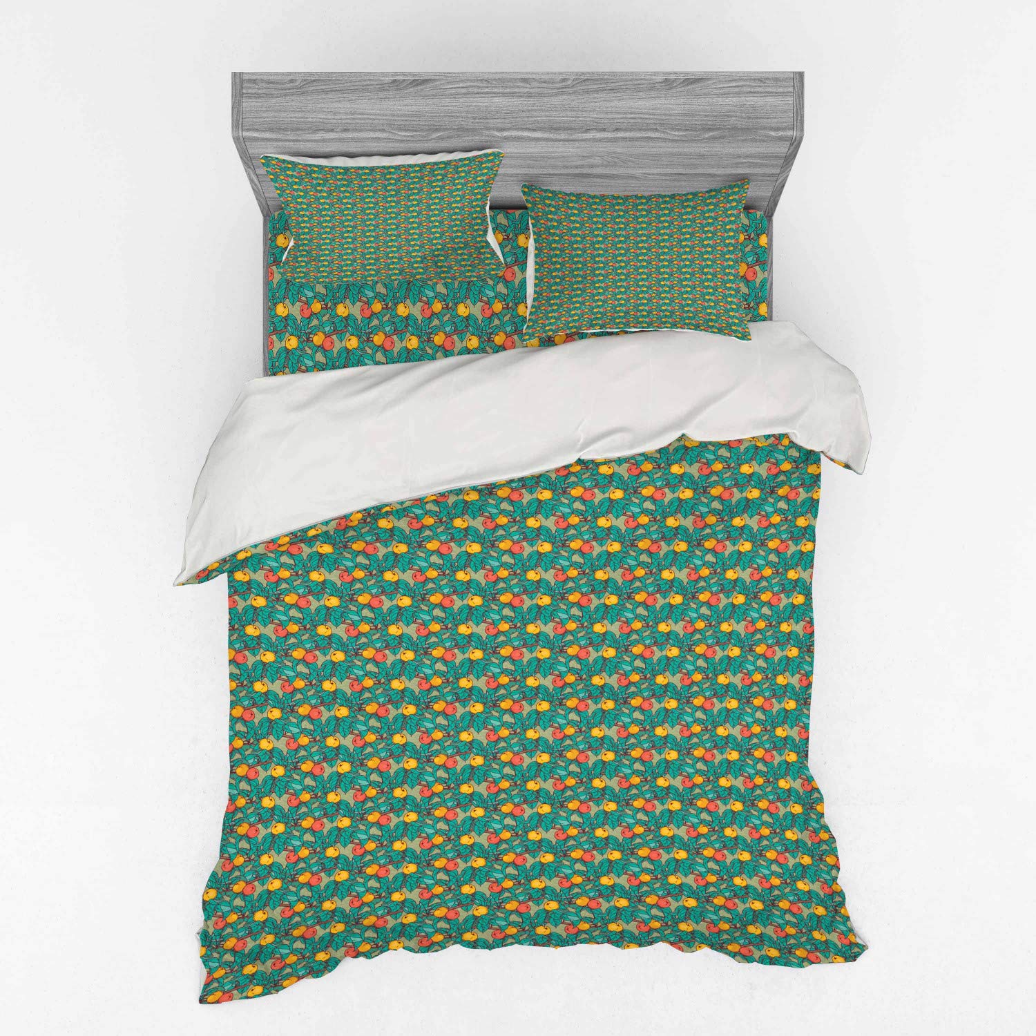 Ambesonne Summer Duvet Cover Set - Apple Tree Fruit Leaves Branch Design, 4-Piece Queen Size Bedding Set with Shams & Fitted Sheet in Turquoise & Multicolor | Perfect for Spring/Summer Bedroom Decor, Farmhouse & Cottage Style Homes