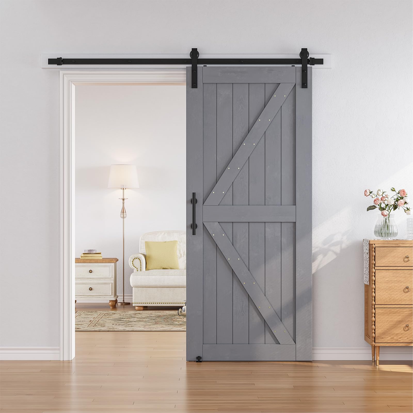 SMARTSTANDARD 36x84 Inch Sliding Barn Door Kit with 6.6ft Hardware & Handle - Unfinished Solid Spruce Wood Panel, Pre-Drilled K-Frame Design, Easy DIY Assembly (Grey) - Perfect for Bedroom, Closet, or Farmhouse Style Home Decor