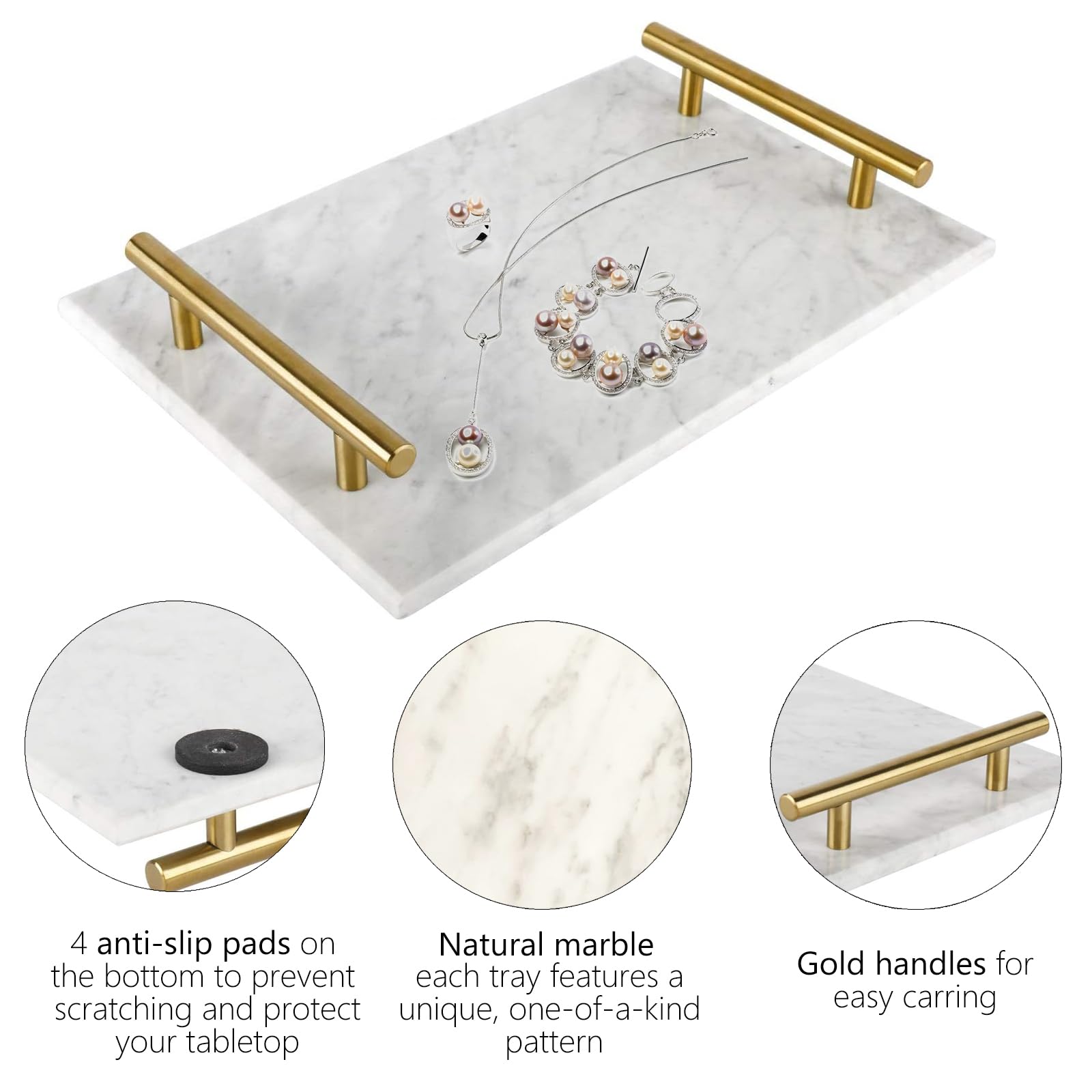 HighFree Handmade Marble Stone Decorative Tray with Copper Metal Handles - Elegant Vanity Organizer for Counter, Dresser, Nightstand & Desk (White) | Perfect for Jewelry Display, Bathroom Essentials & Home Decor