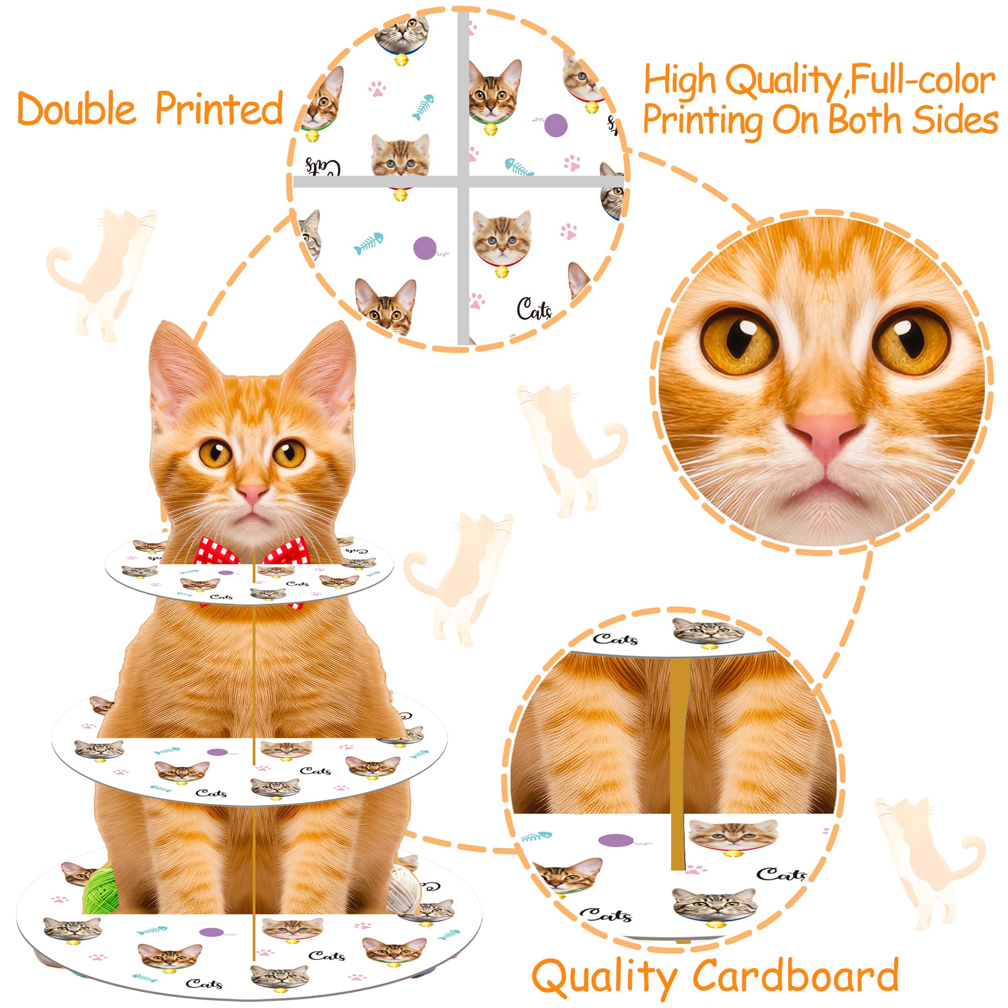 Orange Cat Cupcake Stand - 3 Tier Kitten Theme Dessert Tower for Cat Birthday Party Decorations | Perfect for Cat Lover Parties, Birthday Dessert Displays & Themed Celebrations