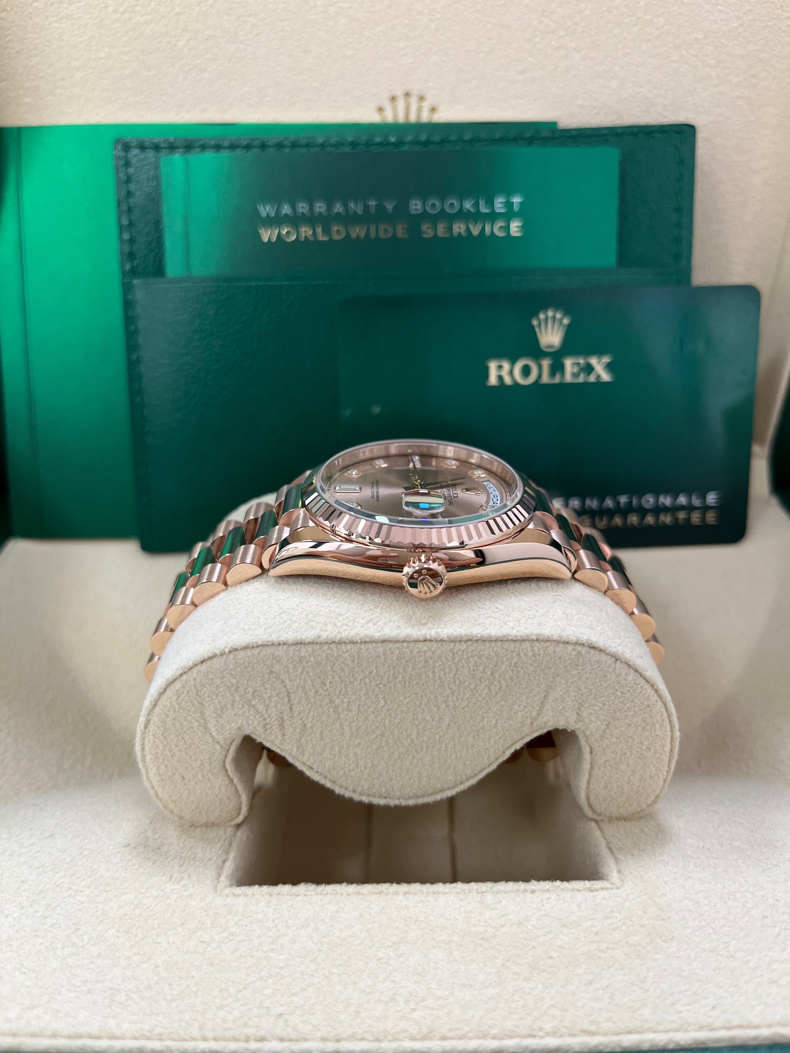 Rolex Day-Date 36 Everose Gold Watch - Fluted Bezel, Rose Diamond Dial, President Bracelet (Ref. 128235) | Luxury Dress Watch for Business & Formal Occasions