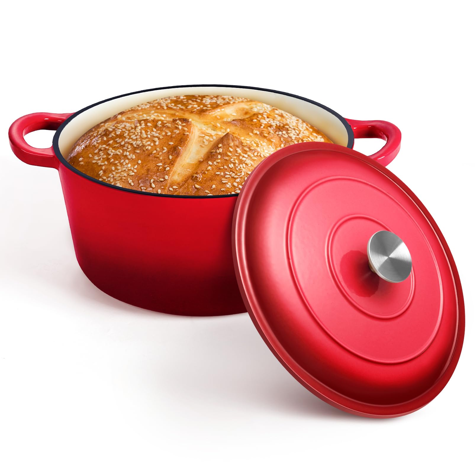 P&P CHEF Enameled Cast Iron Dutch Oven 7QT - Red Enameled Casserole Pot with Lid for Baking Bread, Roasting, Braising, Stewing, Frying & Simmering - Oven, Stovetop & Induction Safe - Easy to Clean - Perfect for Home Cooking, Camping & Outdoor Use