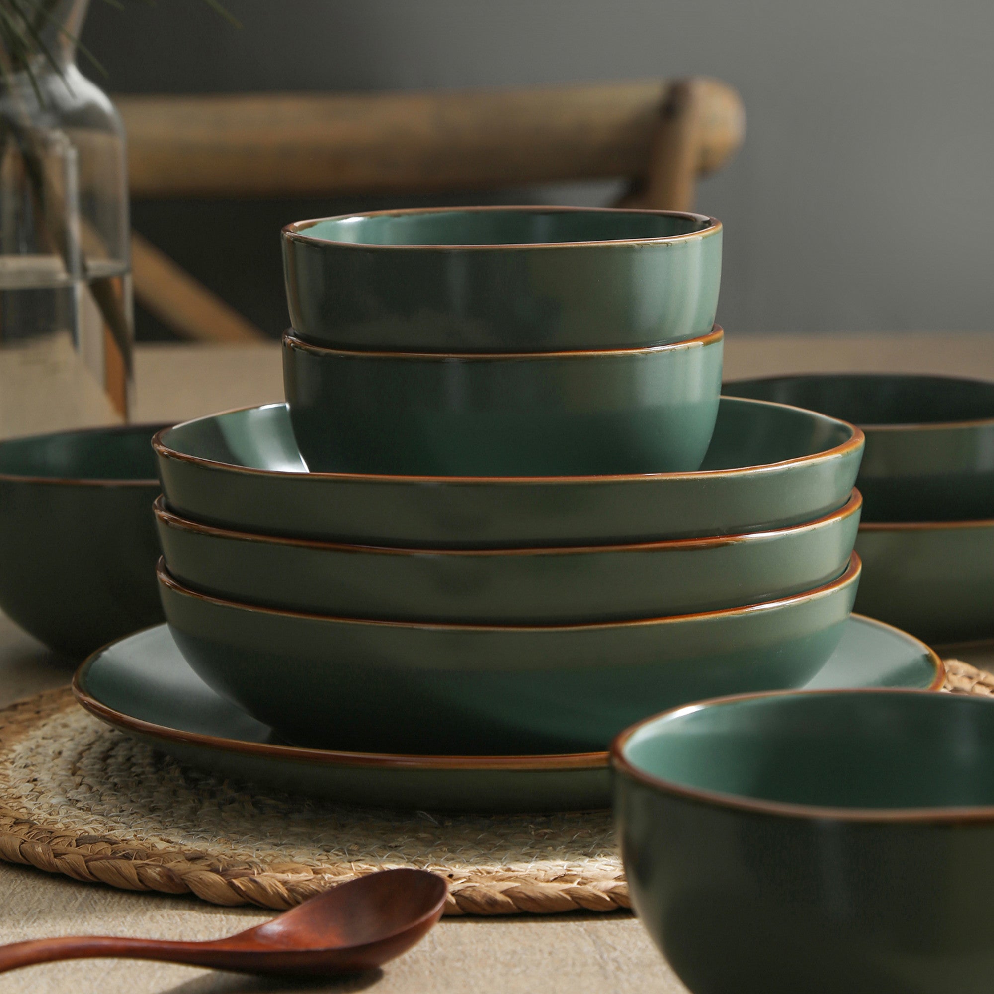 Premium Brasa Stoneware Dinnerware Set - Eco-Friendly Green Dinner Plates, Bowls & Mugs - Elegant Tableware for Daily Use, Dinner Parties & Restaurant Service
