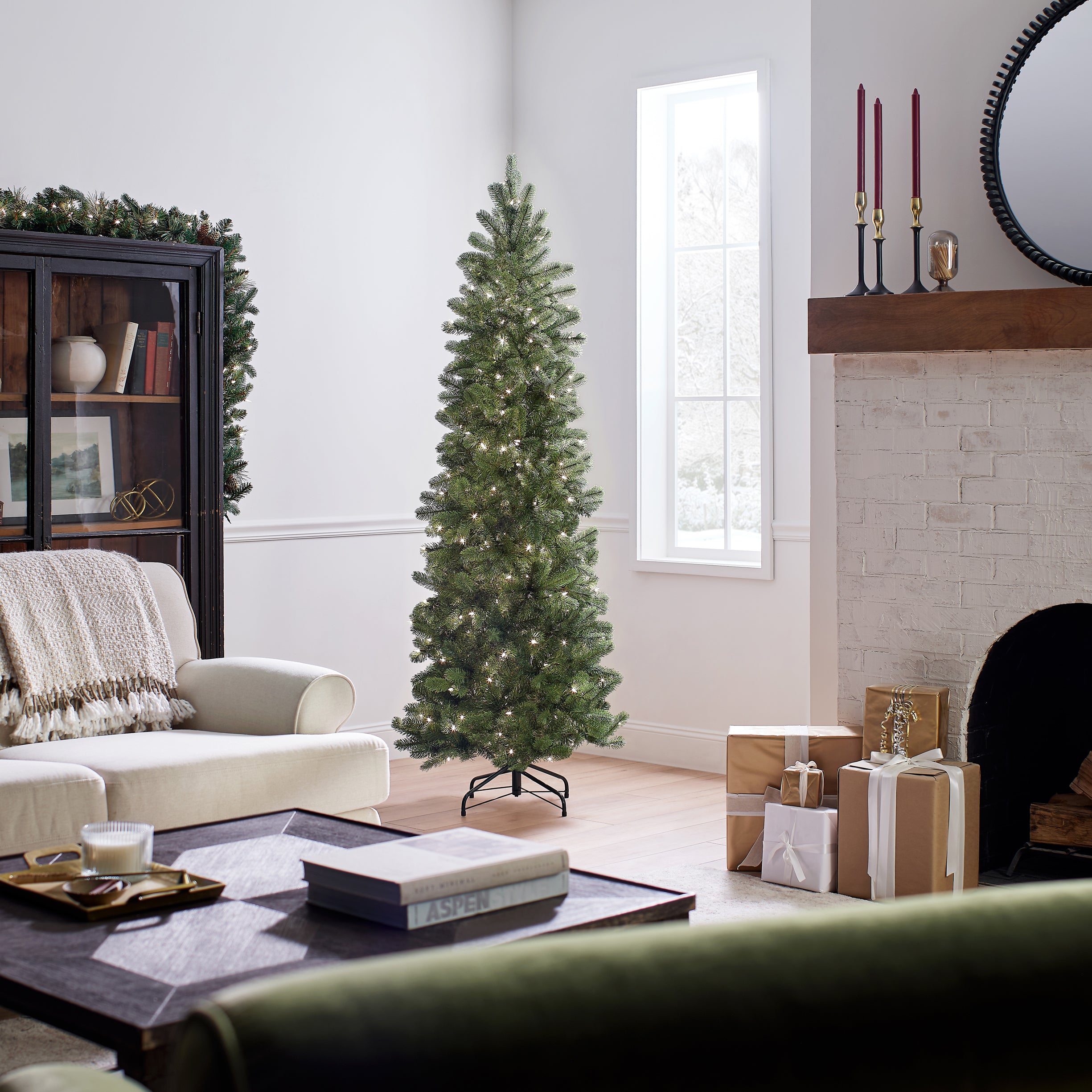 6.5 ft Pre-Lit Downswept Douglas Fir Pencil Slim Christmas Tree with 300 Clear LED Lights - Perfect for Small Spaces & Holiday Decor