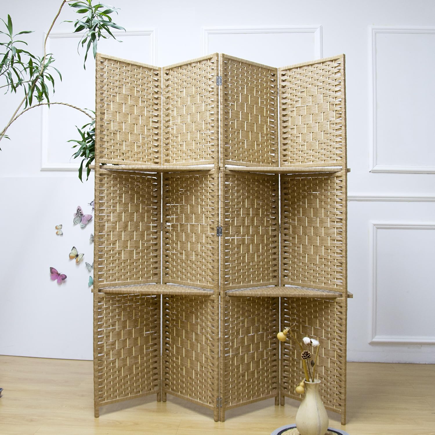 4 Panel Folding Room Divider with Removable Storage Shelves - Light Brown Privacy Screen 67