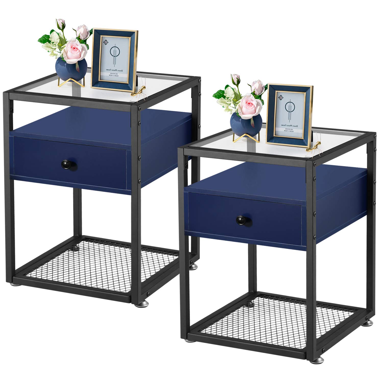 VECELO Modern Glass Top Nightstands with Drawer - Set of 2 End Tables with Open Storage Shelf & Sturdy Metal Frame - Dark Blue for Living Room, Bedroom, Lounge - Perfect for Small Spaces, Apartment Decor & Bedside Storage