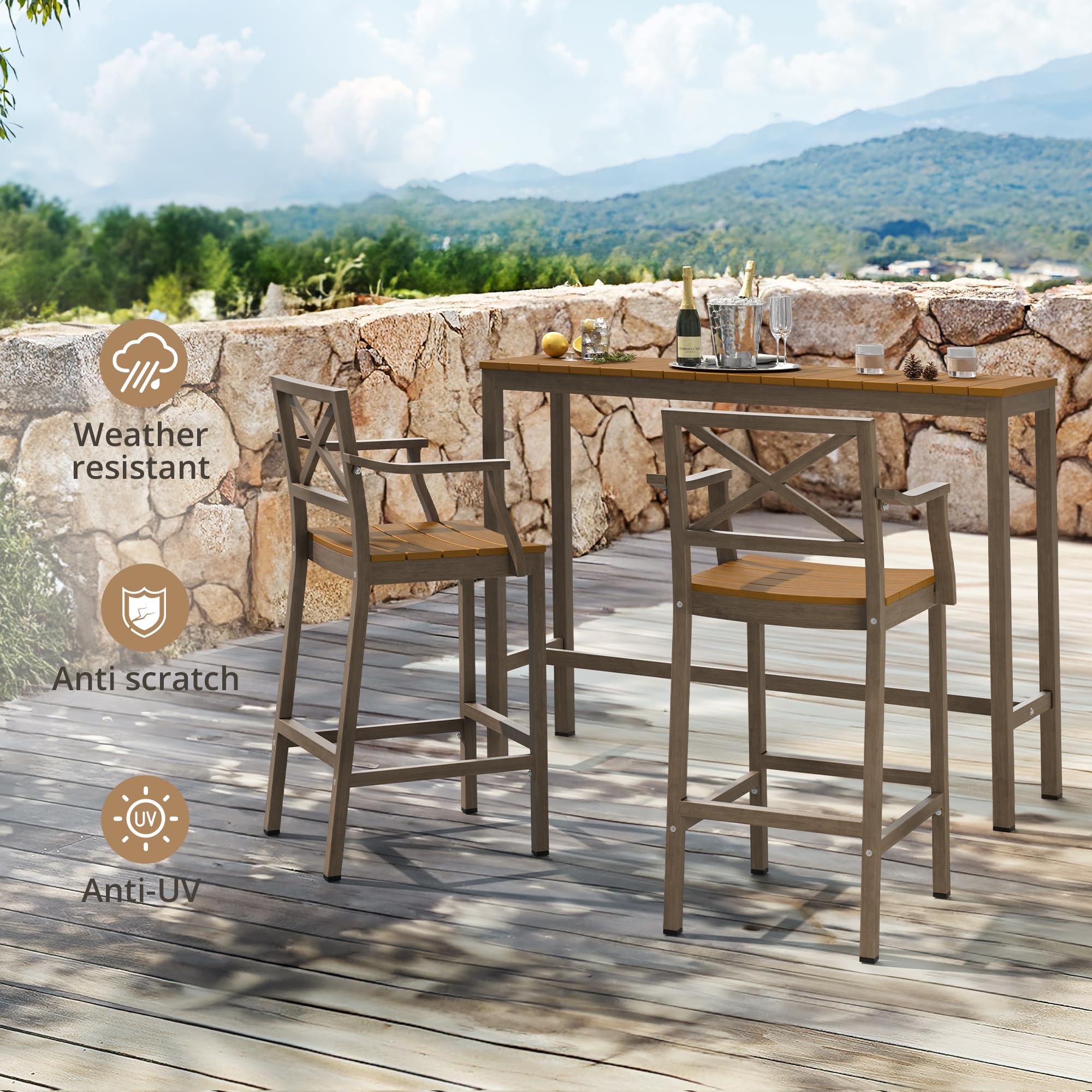 Outdoor Bar Height Table and Chairs Set - 3 Piece Patio Pub Bar Set with 55