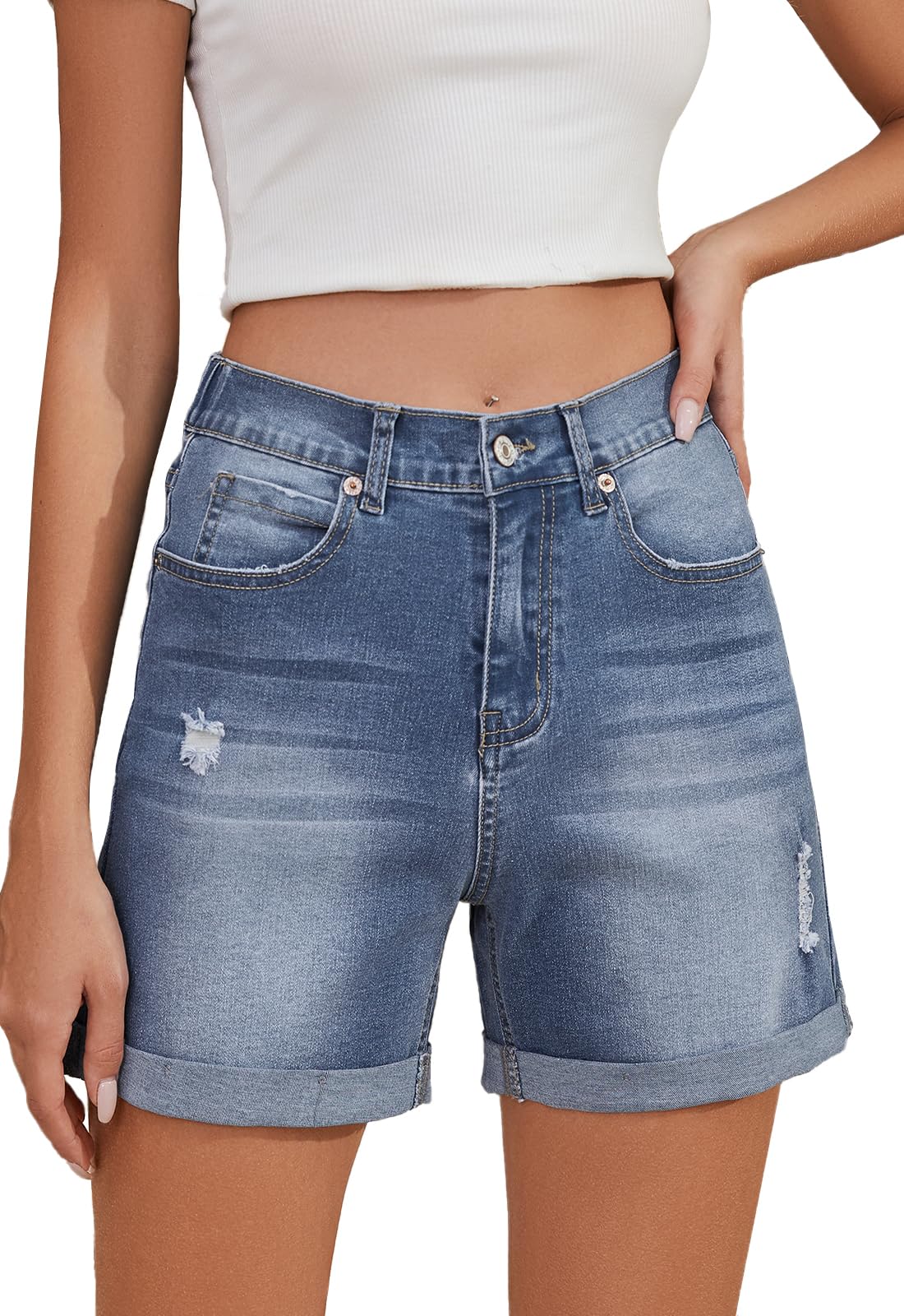 Women's High Waisted Stretchy Denim Shorts - Folded Hem Elastic Waist Jean Shorts for Casual Summer Wear | Perfect for Beach Outings, Picnics & Everyday Comfort