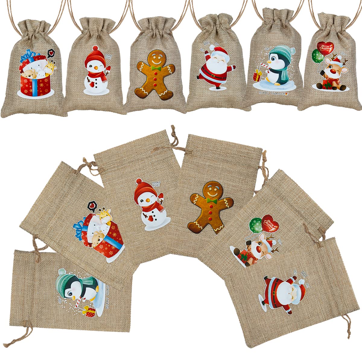 ARTLYMERS 24 Pack Christmas Jute Burlap Bags - 6 Festive Designs for Holiday Gift Wrapping, Party Favors & Candy Treats | Perfect for Xmas Presents, Stocking Stuffers & DIY Crafts