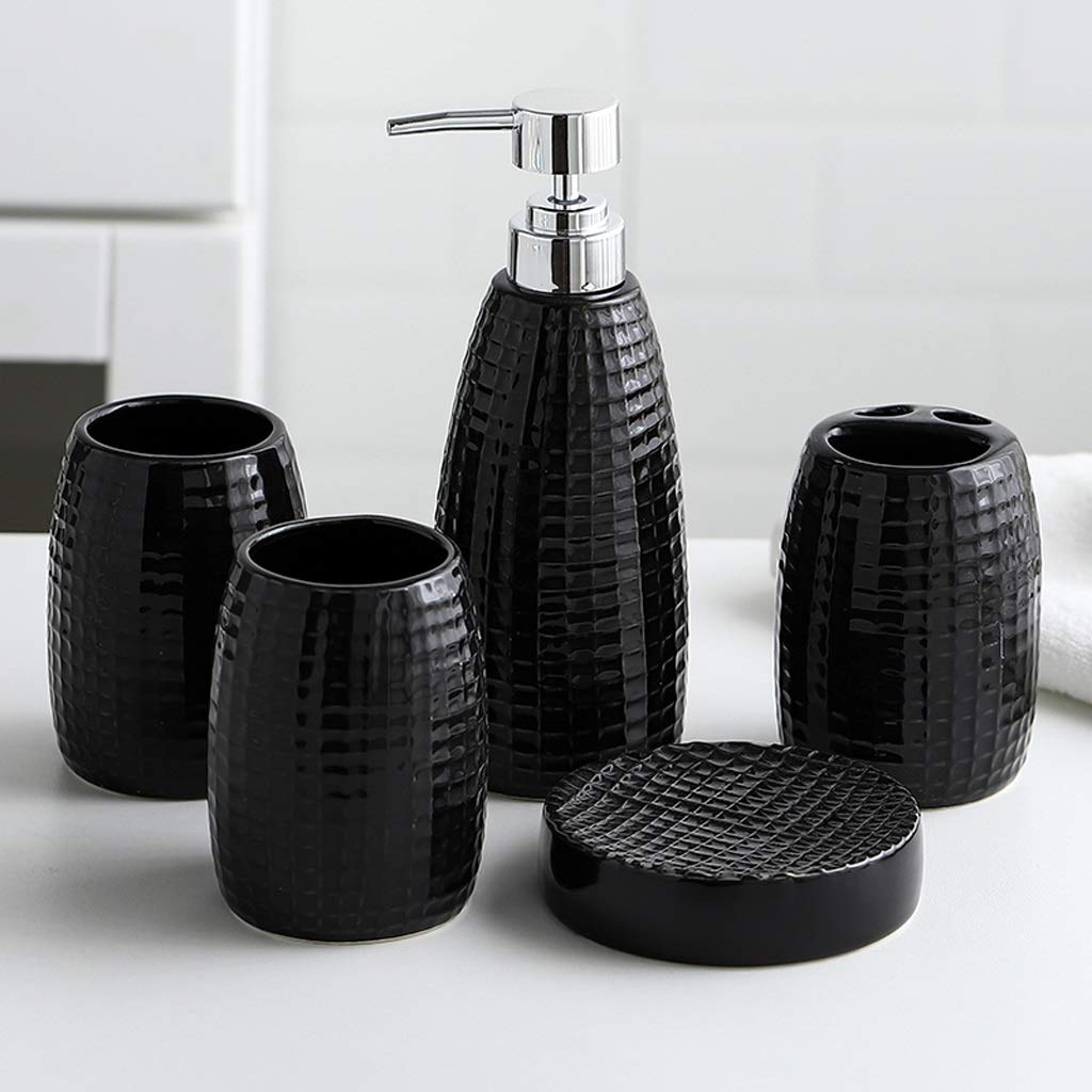 5-Piece Ceramic Bathroom Accessory Set - Soap Dispenser, Toothbrush Holder, Soap Dish & 2 Tumblers - Elegant Black Bathroom Organizer for Modern Homes | Perfect for Vanity, Sink Counter & Guest Bath Decor