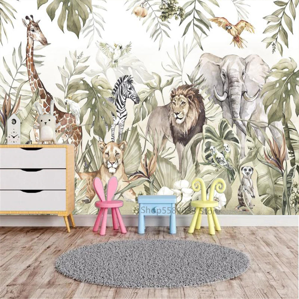 Whimsical Jungle Animal Friends Wallpaper - Adorable Wildlife Nursery Decor for Kids' Room, Playroom & Baby Shower - Peel & Stick Removable Wall Mural