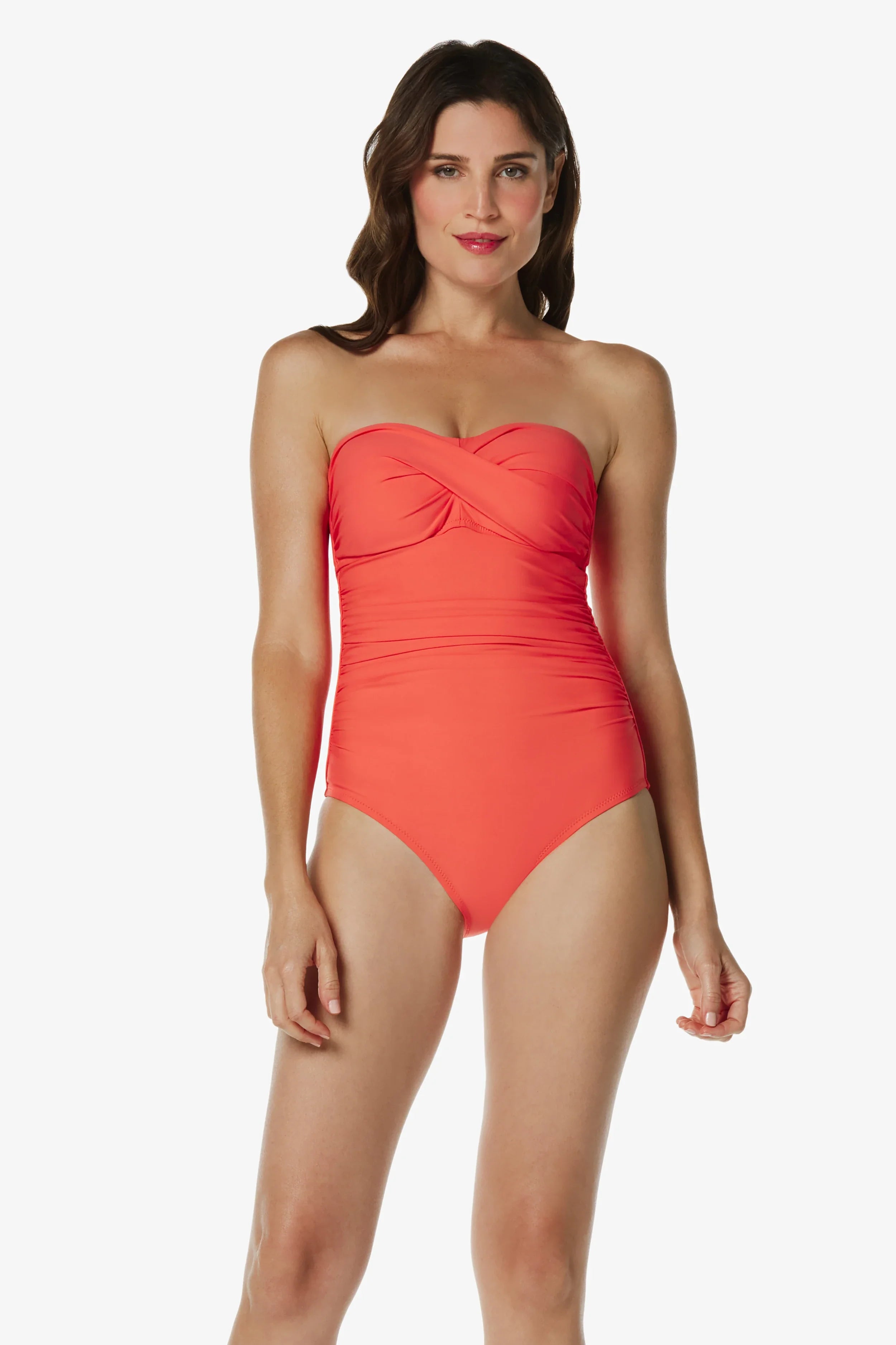 Twist Bandeau One Piece Swimsuit | Coral Color Women's Bathing Suit for Beach, Pool & Summer Vacation