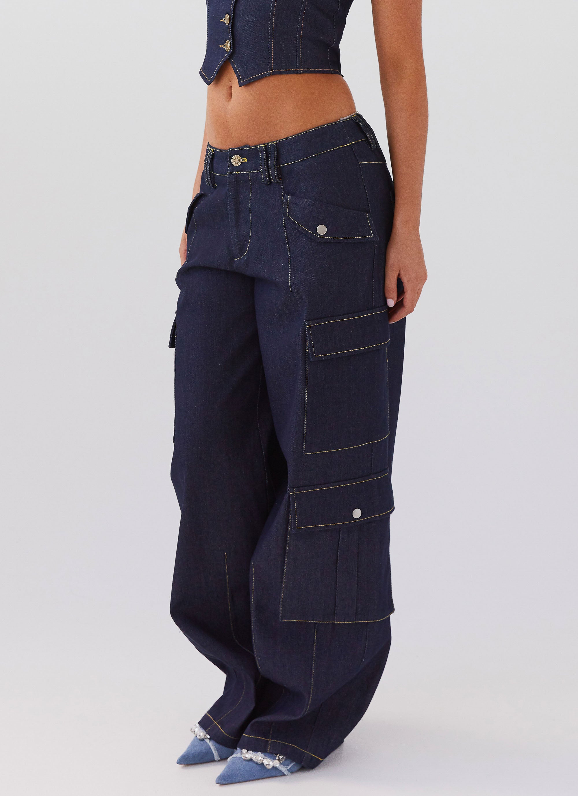 Greedy Denim Cargo Pants for Men - Stretch Comfort Fit Workwear & Casual Pants - Indigo Blue - Perfect for Outdoor, Work, and Everyday Wear