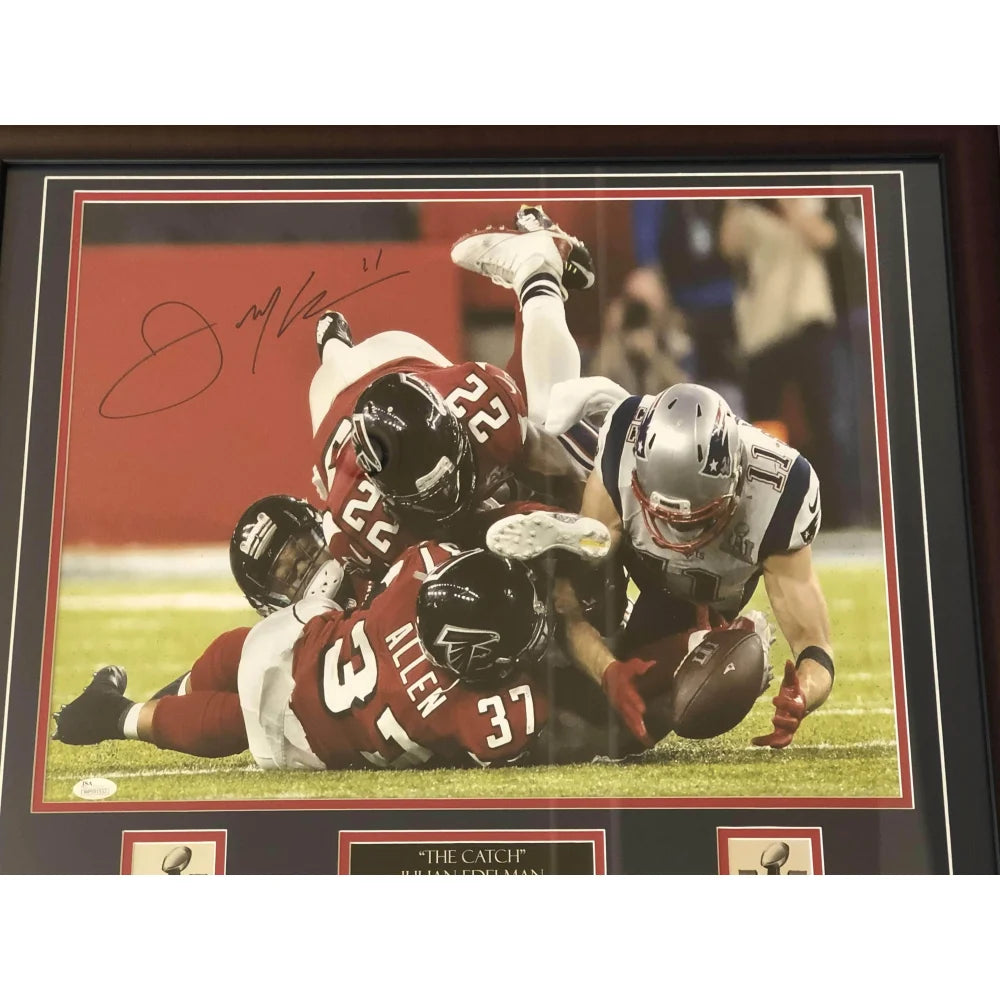 Julian Edelman Autographed 16x20 Super Bowl Photo Framed with Patriots COA & JSA Certificate - Perfect for Patriots Fans, Sports Memorabilia Collectors, and Man Cave Decor
